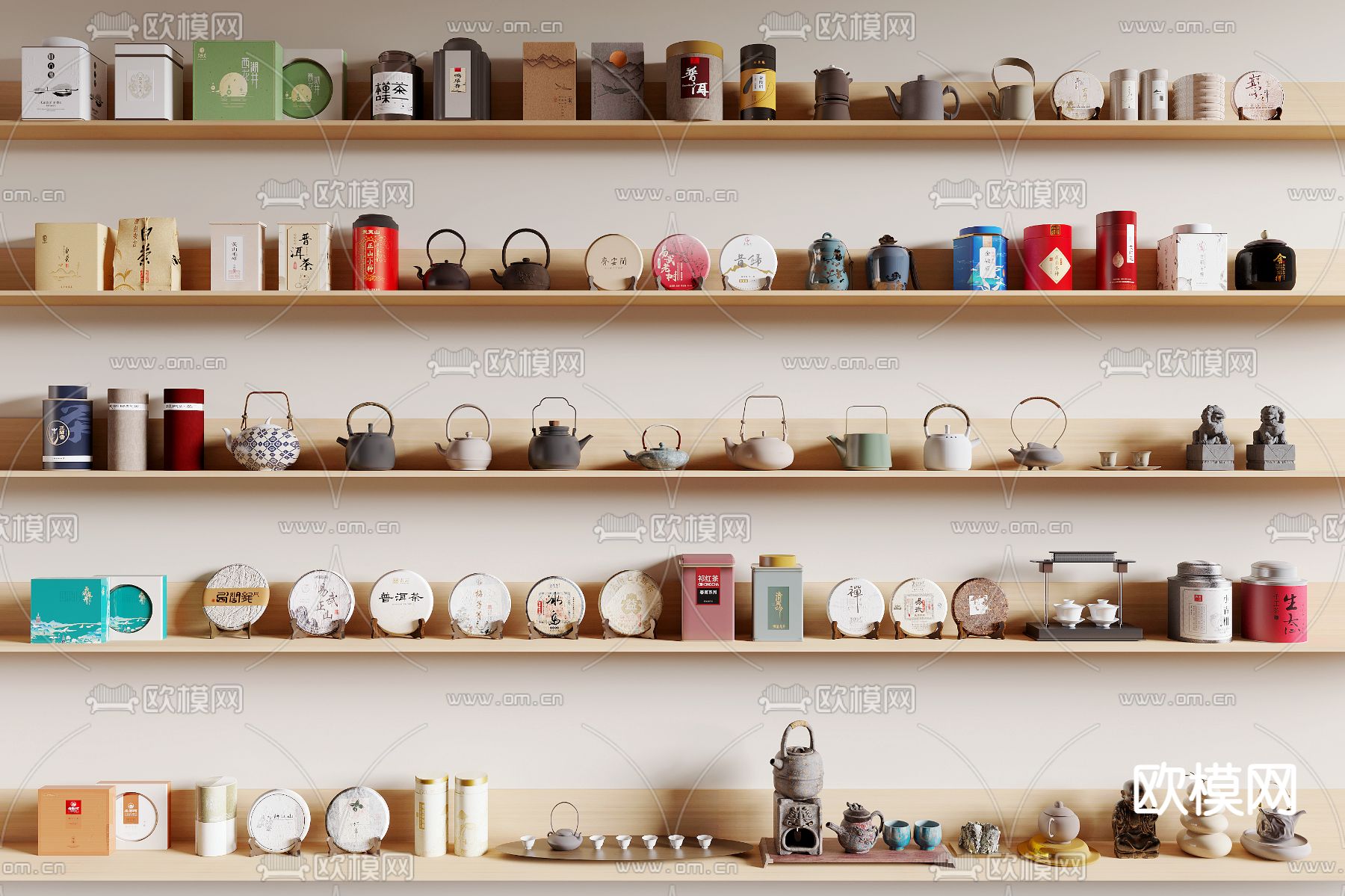 新中式茶具 茶壶 茶叶 茶饼 茶杯su模型下载（渲染图1）