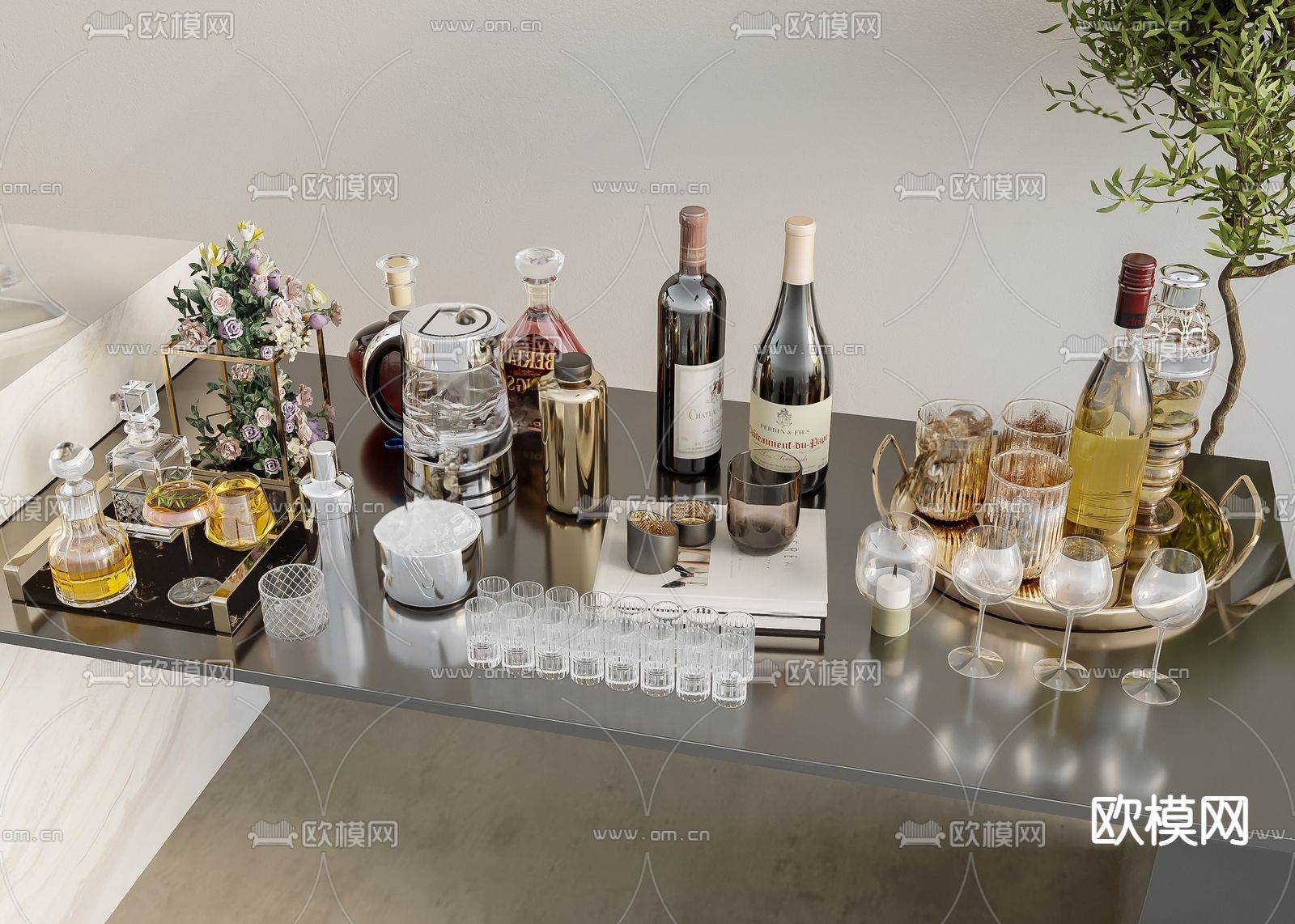 酒具用品 酒瓶 酒杯su模型下载（渲染图2）