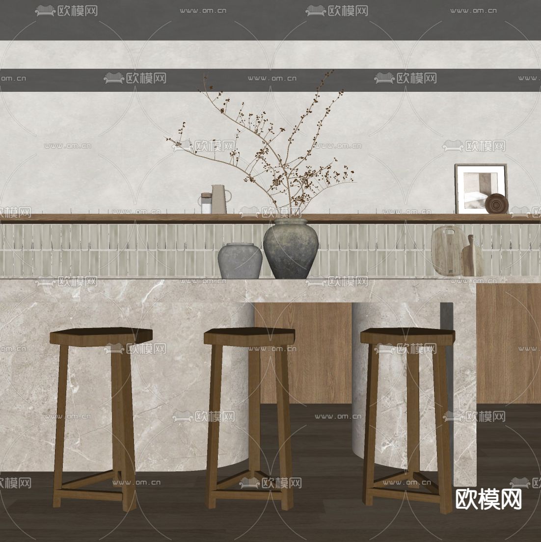 侘寂风吧台 吧凳su模型下载（渲染图3）