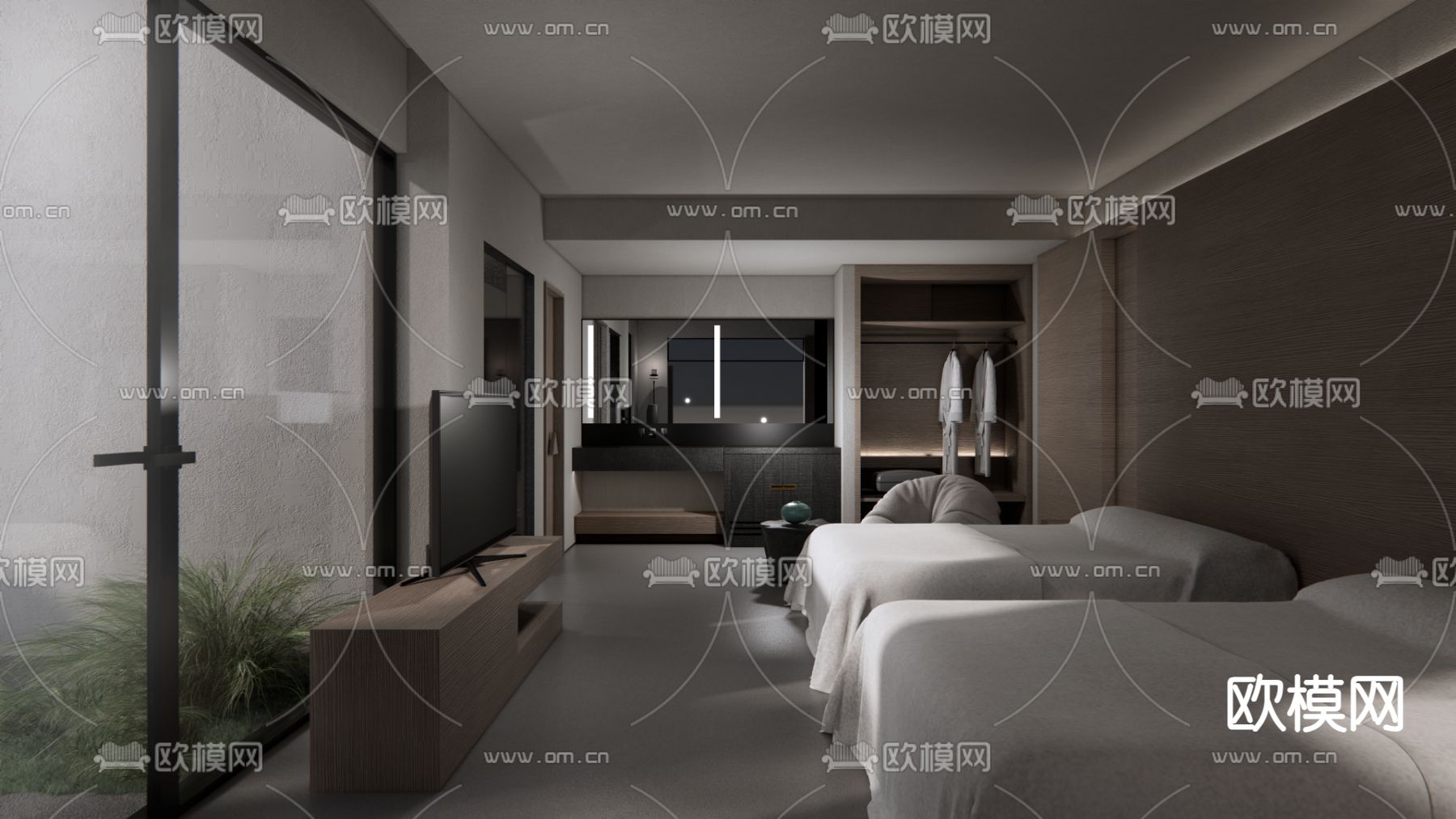 民宿卧室 双人客房su模型下载（渲染图1）