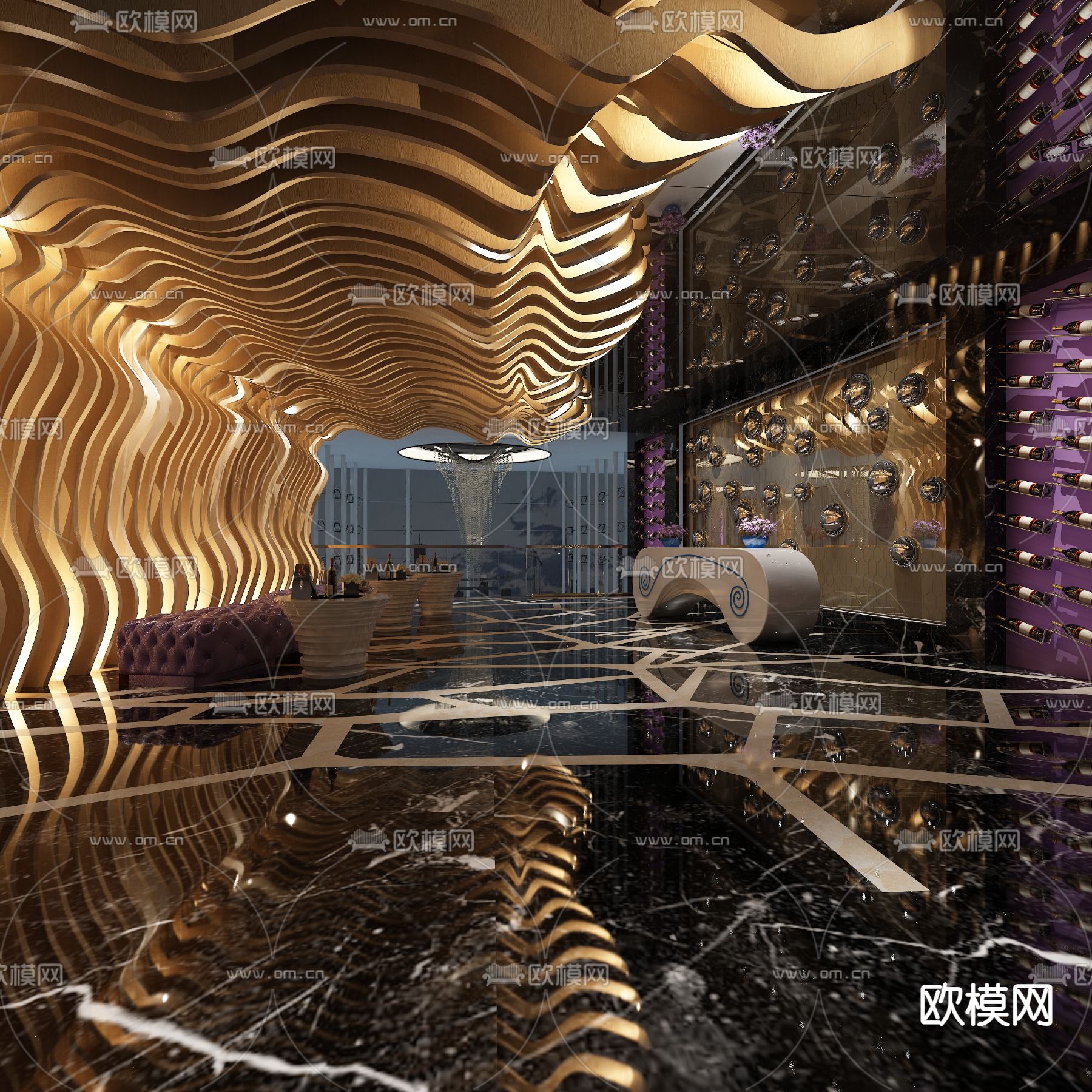 轻奢风酒吧 前台su模型下载（渲染图2）