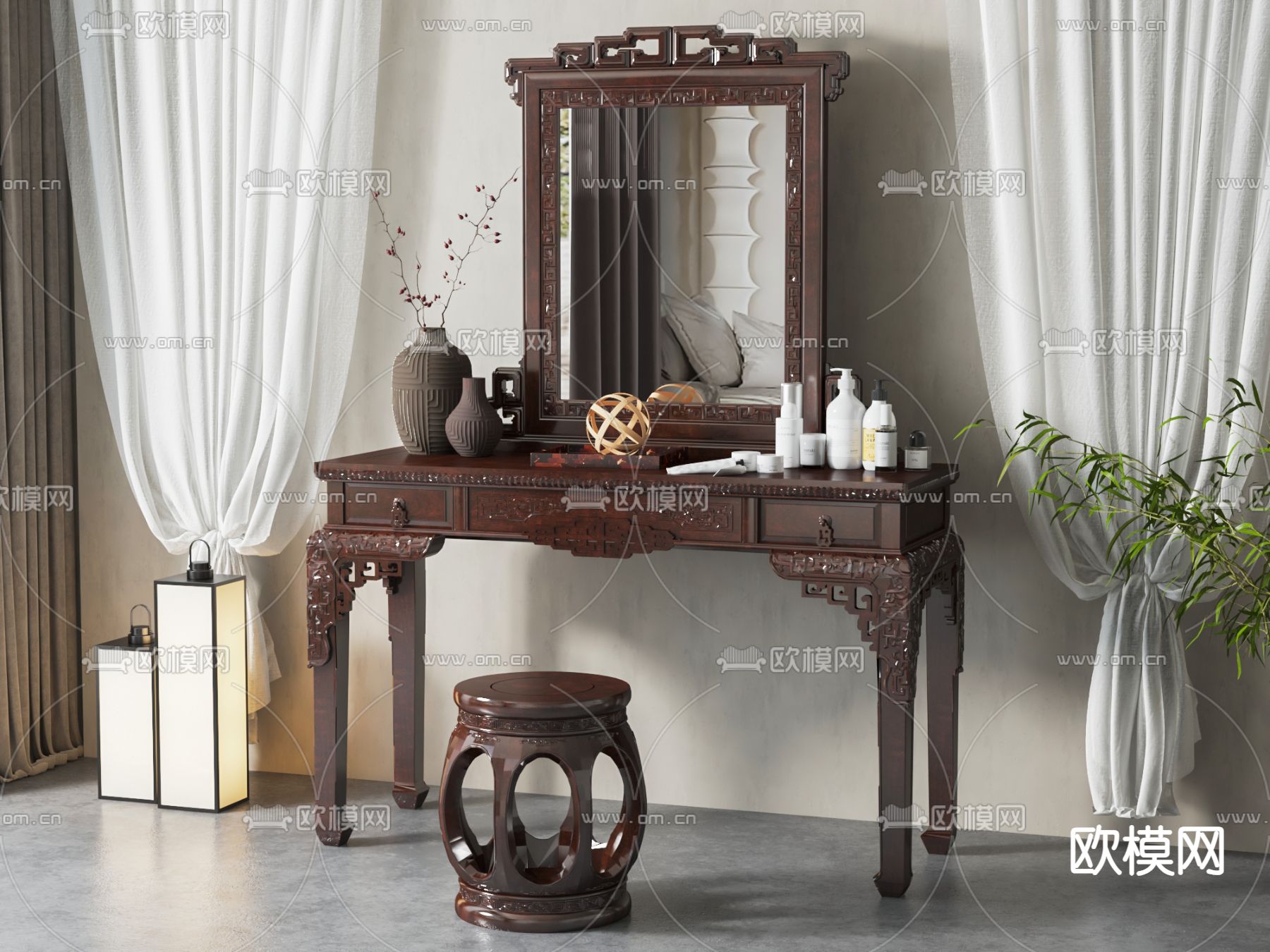新中式梳妆台su模型下载（渲染图2）
