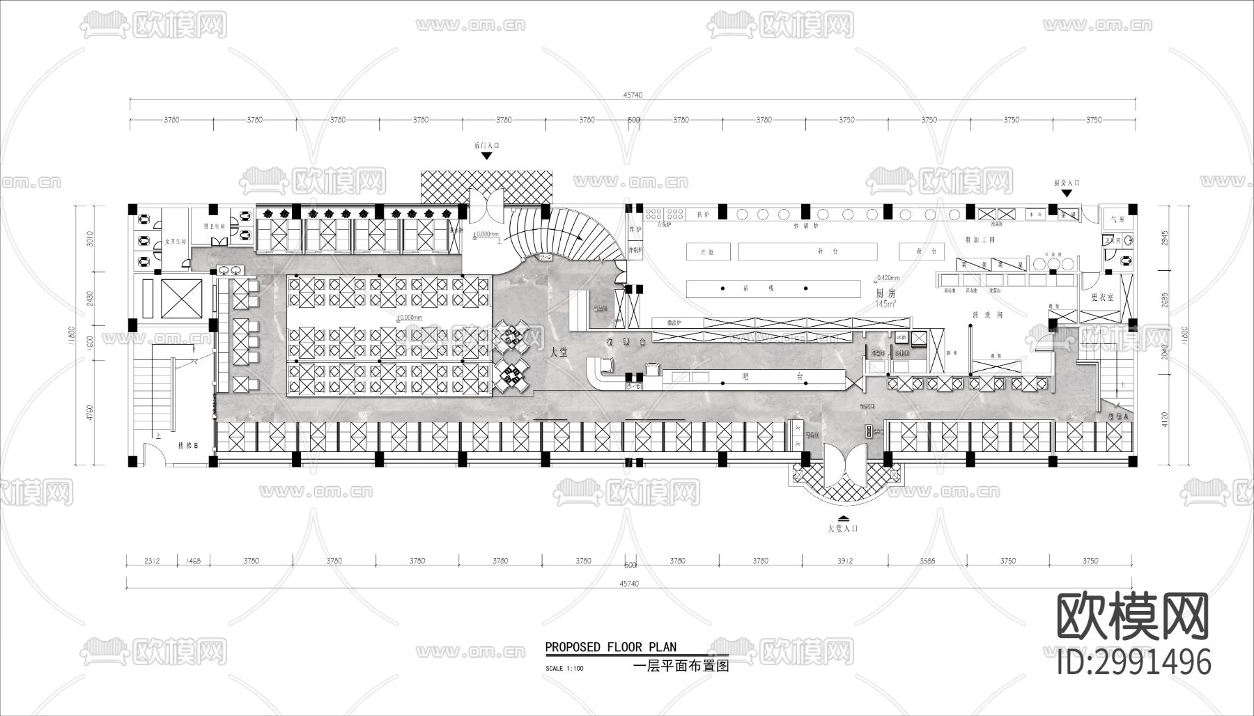 两层西餐厅cad平面图下载（渲染图2）