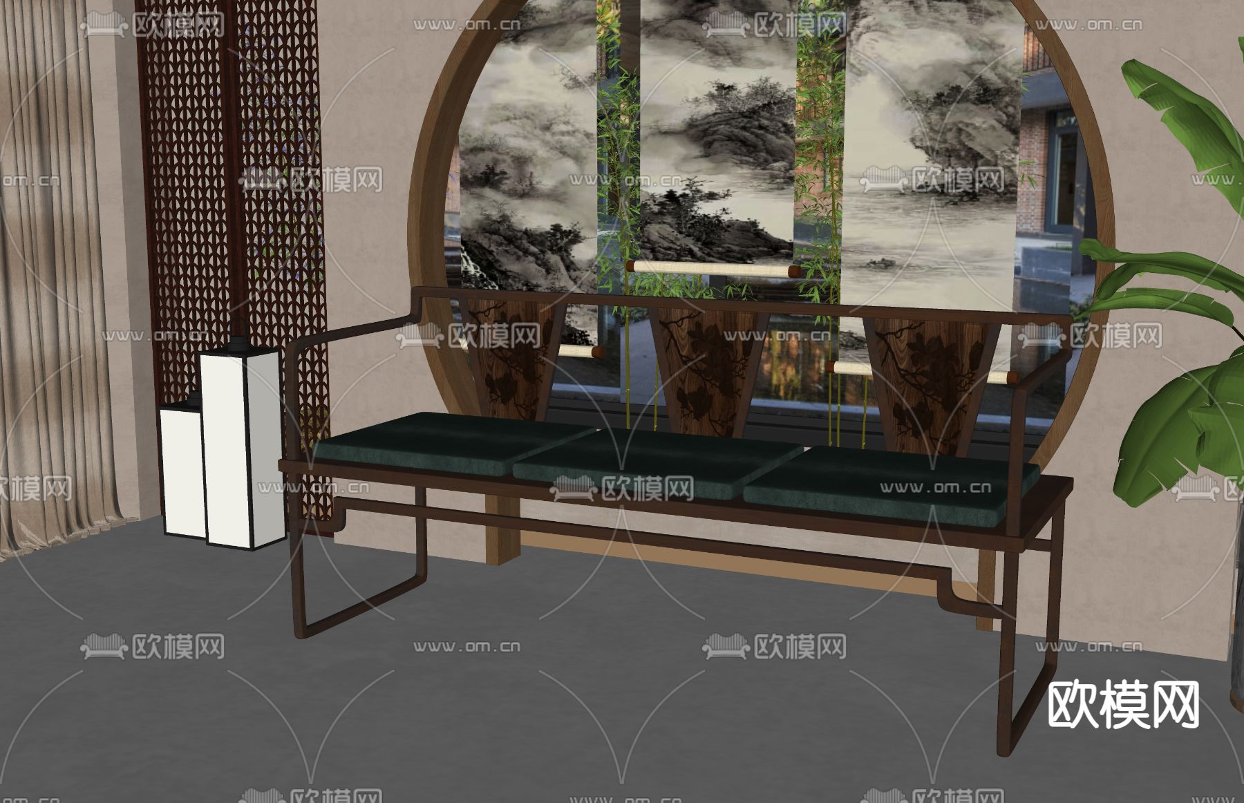 新中式多人沙发su模型下载（渲染图1）