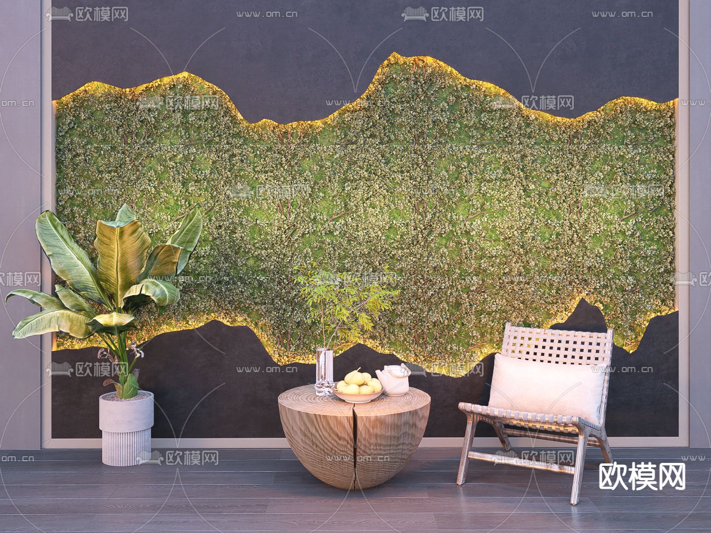 新中式植物墙 绿植墙 苔藓墙su模型下载（渲染图1）