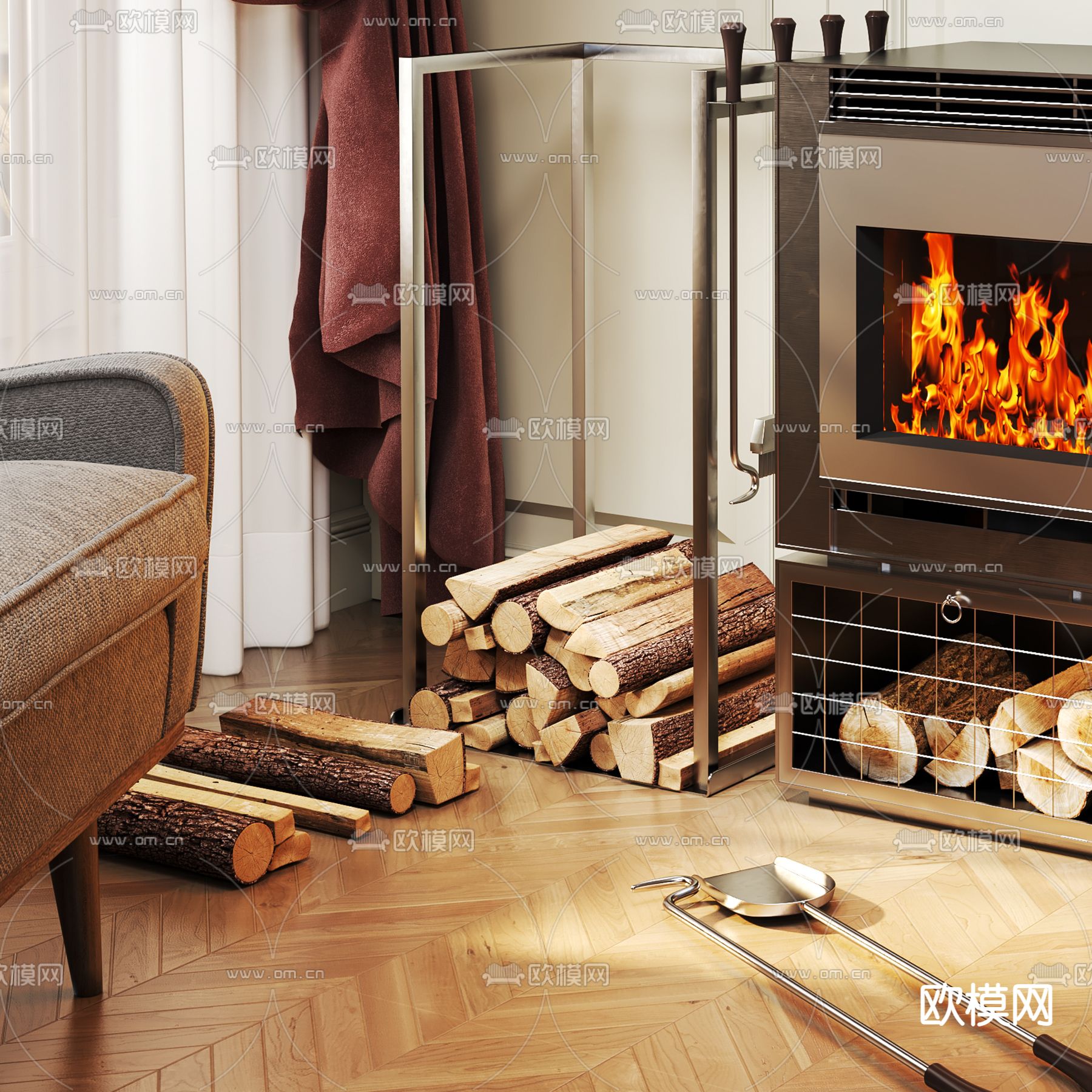 壁炉 柴火 火焰3d模型下载（渲染图3）