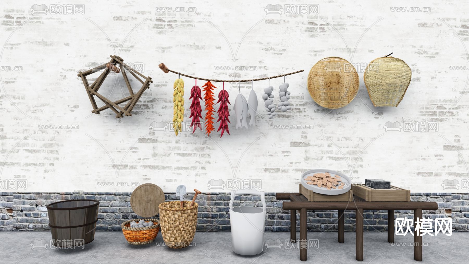 乡村农耕小品 农家摆件su模型下载（渲染图1）