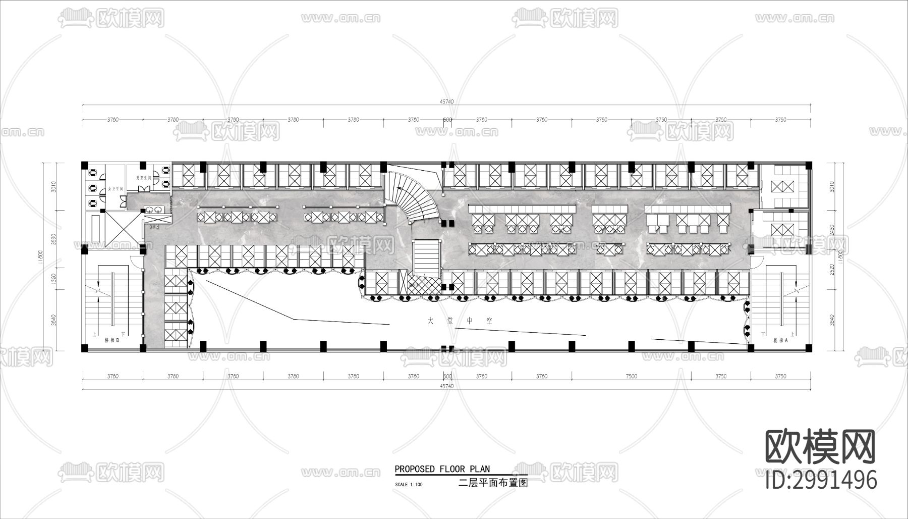 两层西餐厅cad平面图下载（渲染图1）