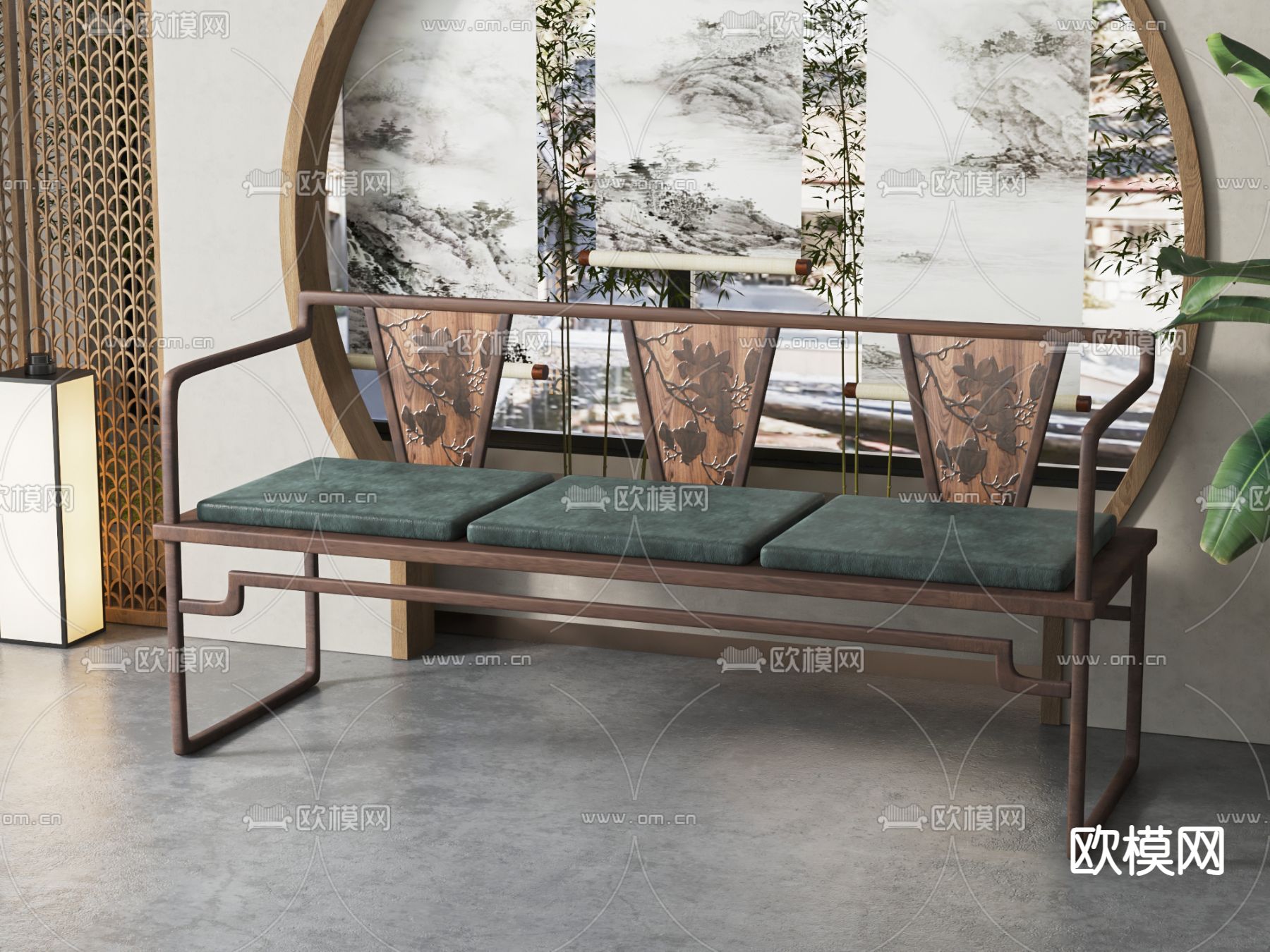 新中式多人沙发su模型下载（渲染图2）