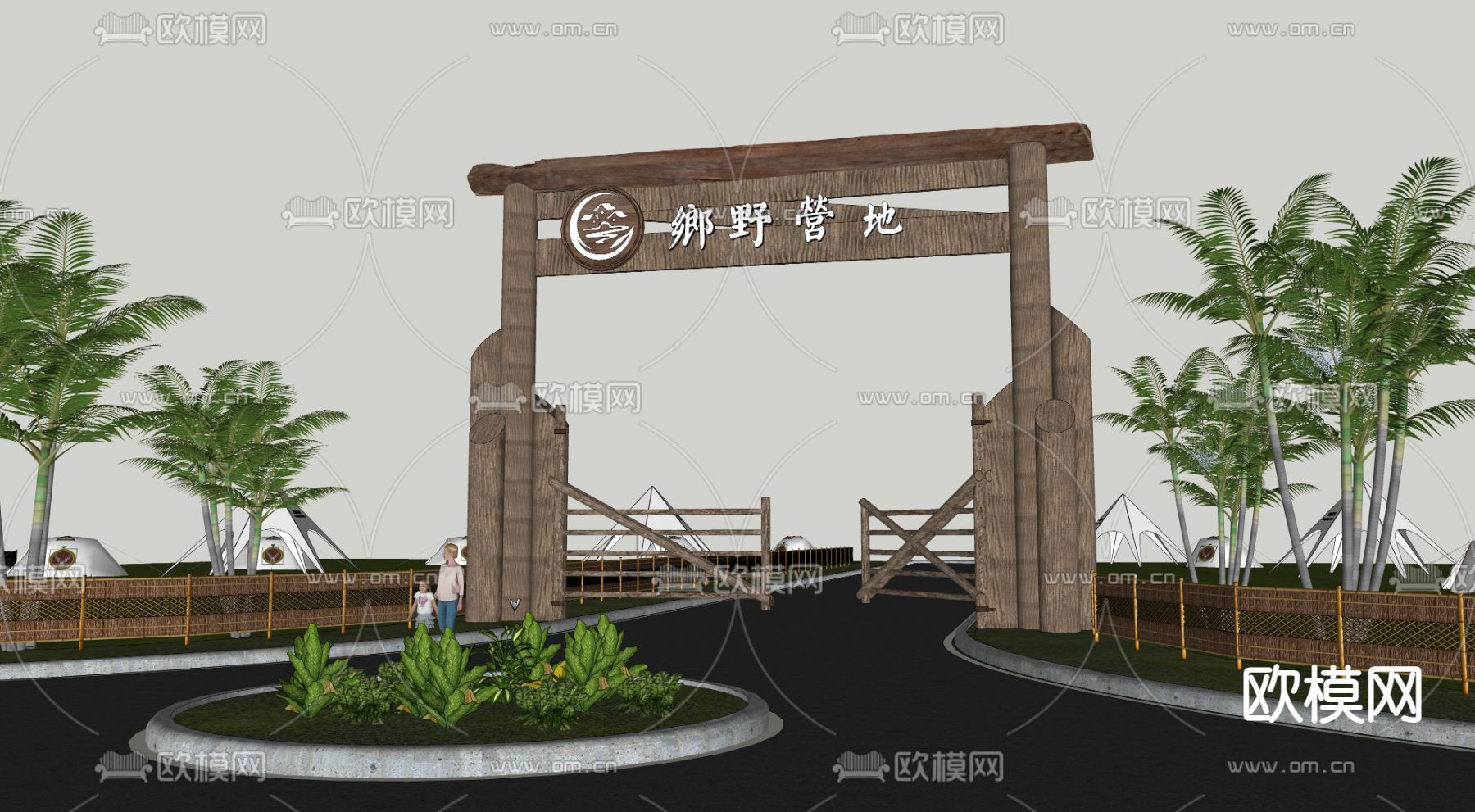营地入口大门 村庄入口 门头su模型下载（渲染图3）