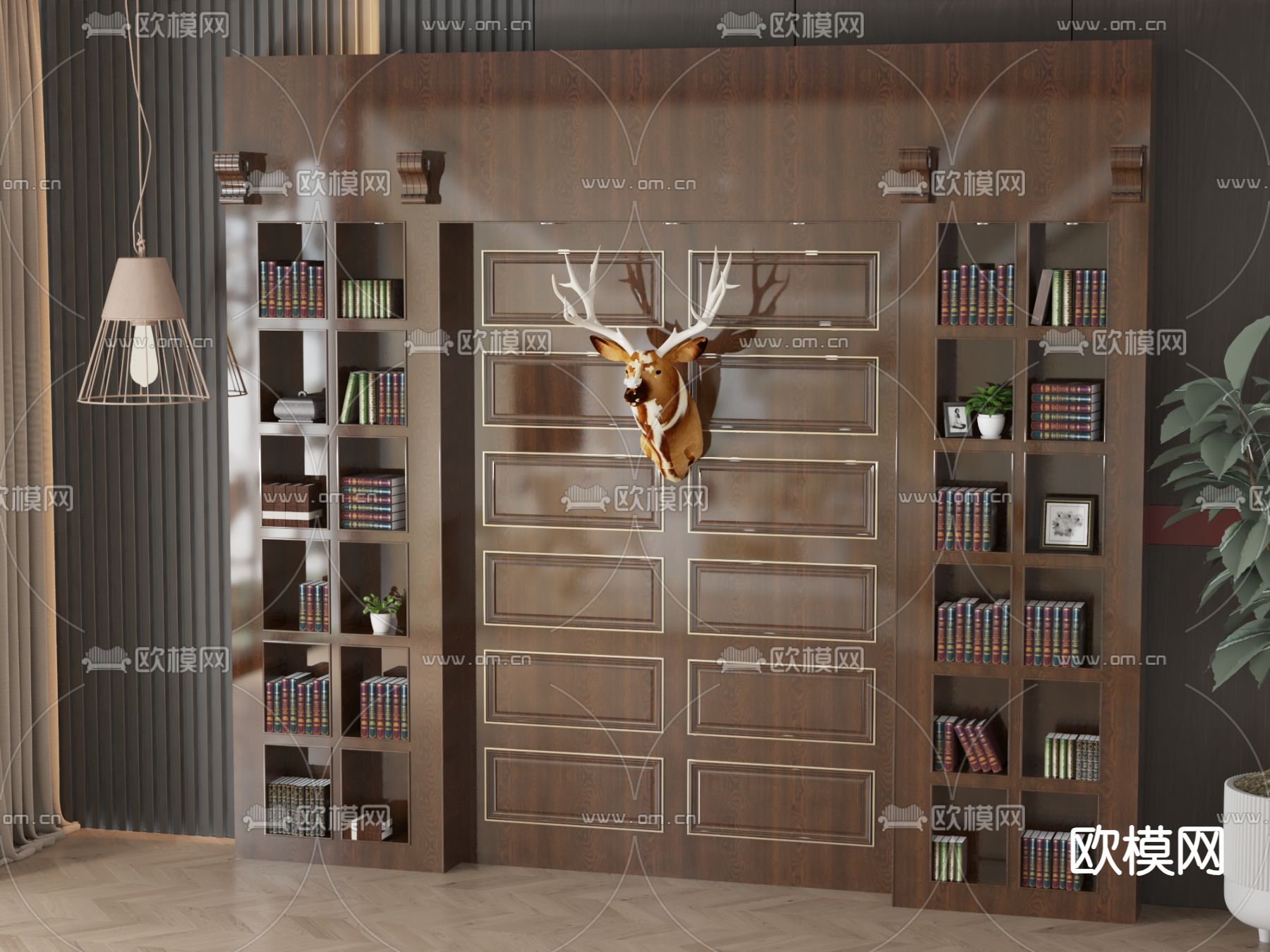 美式书柜 背景墙su模型下载（渲染图1）