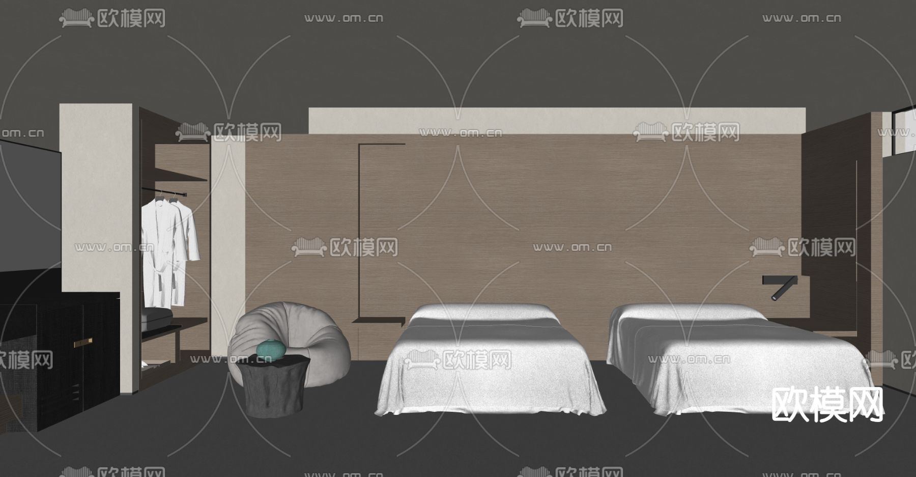 民宿卧室 双人客房su模型下载（渲染图6）