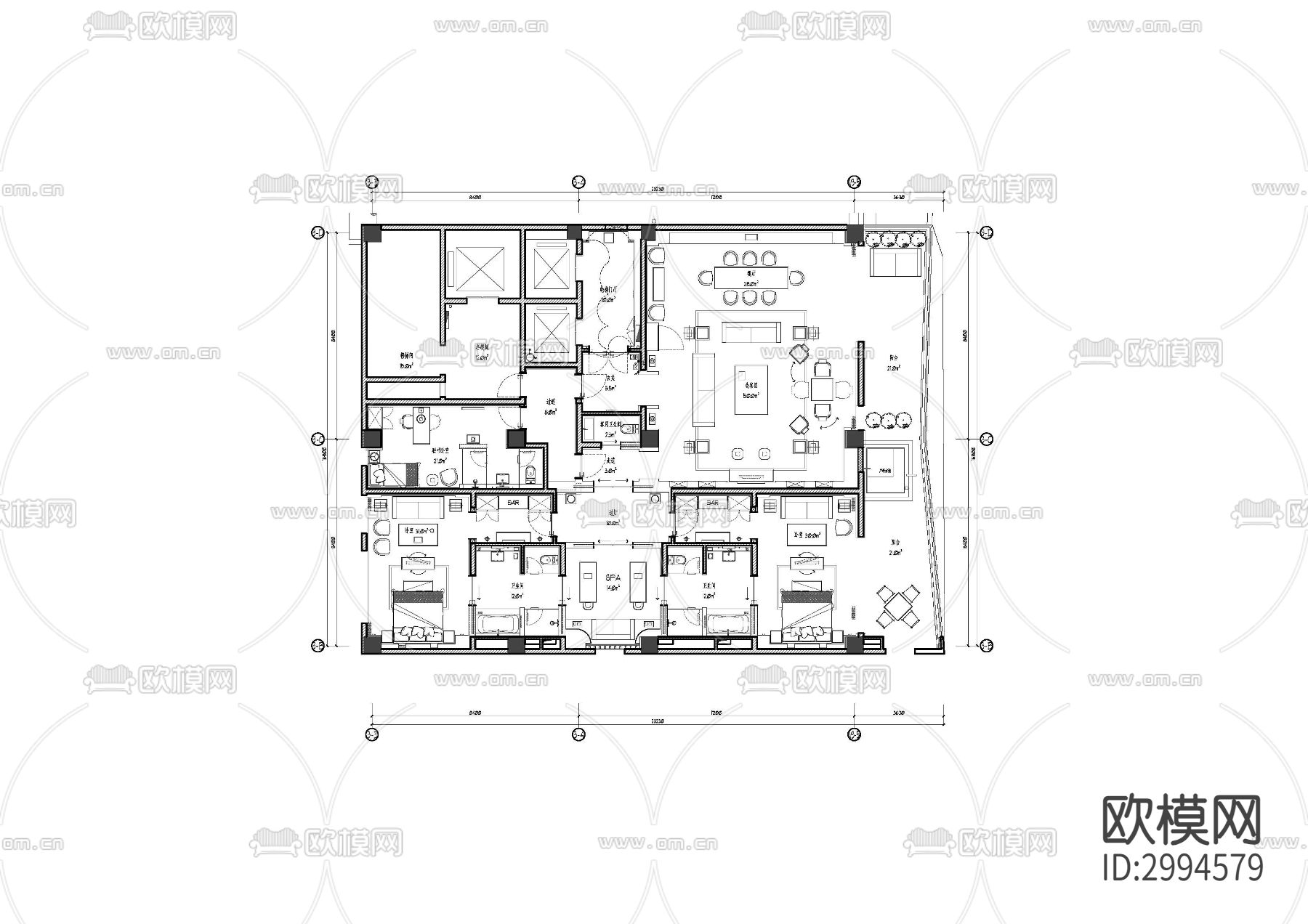 酒店宾馆cad平面图下载（渲染图1）
