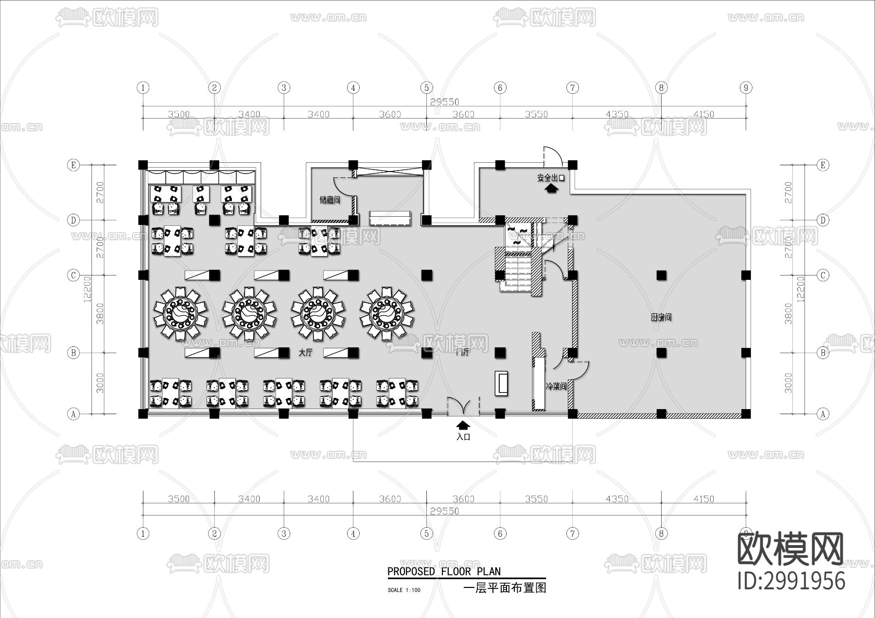 两层中式餐厅cad平面图下载（渲染图1）