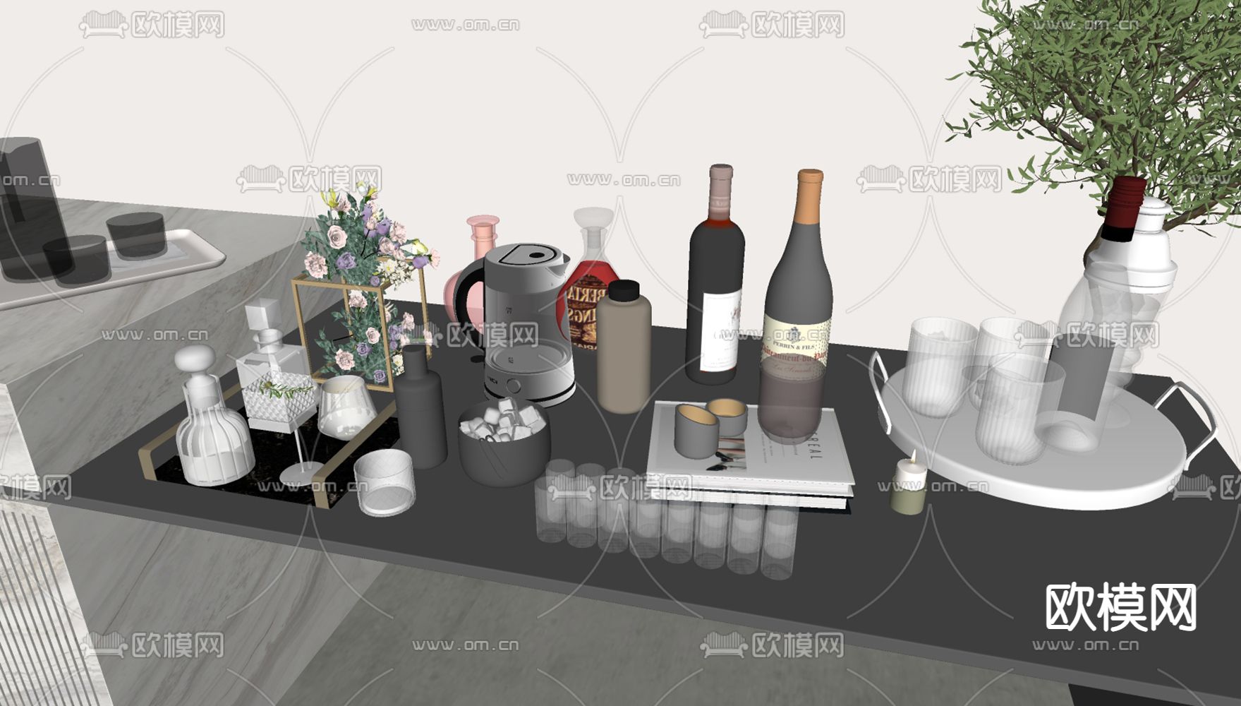 酒具用品 酒瓶 酒杯su模型下载（渲染图1）