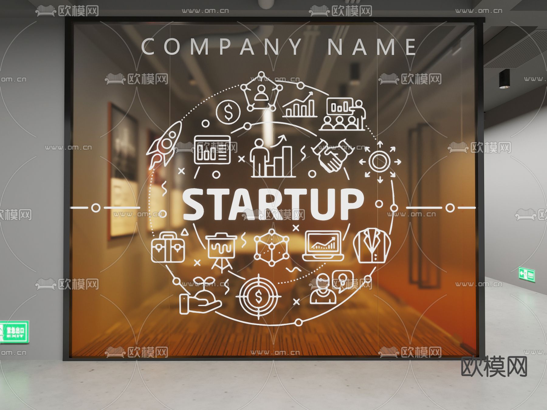 会议室 玻璃隔墙 玻璃贴 渐变膜3d模型下载