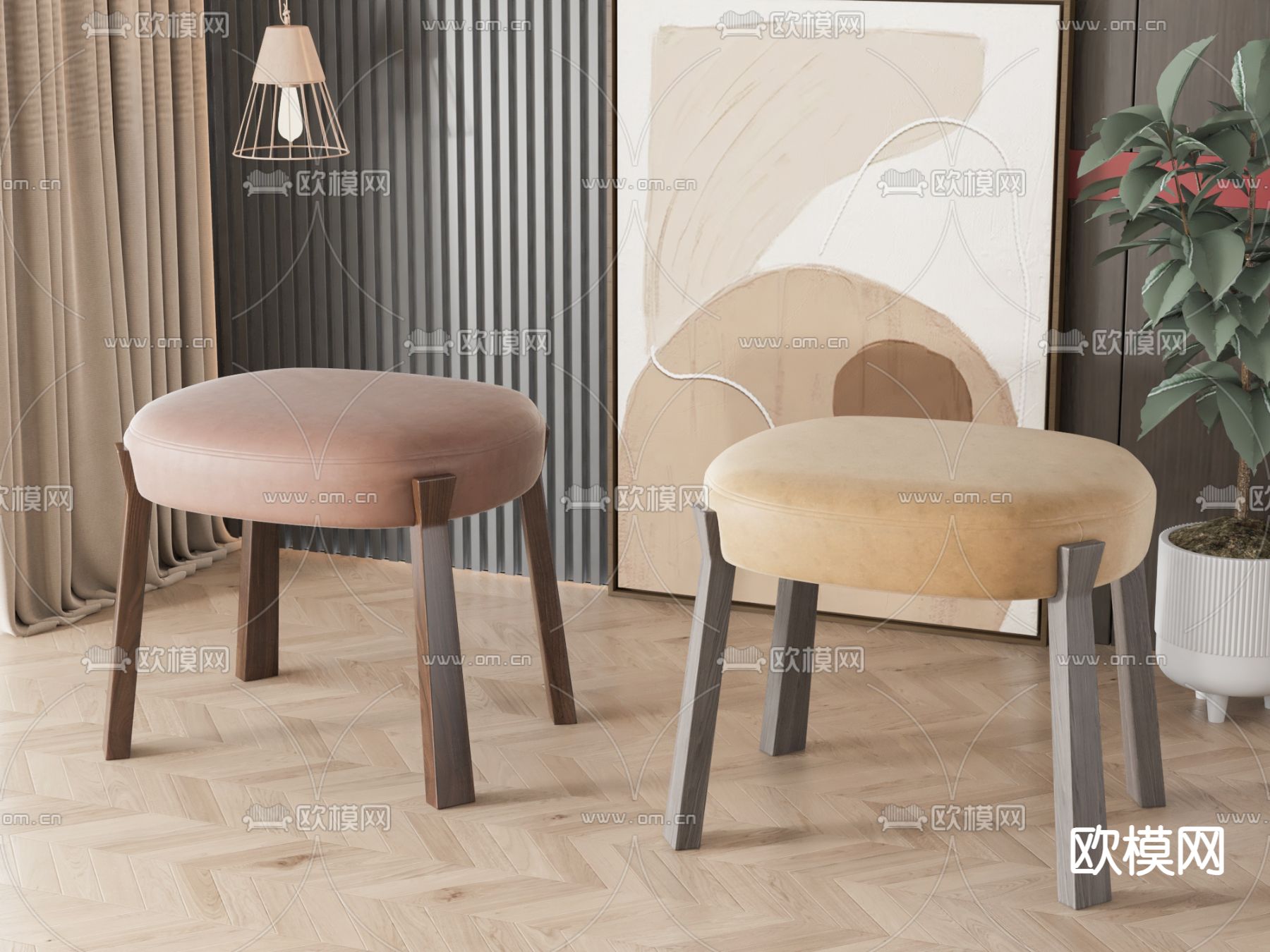 美式沙发凳 凳子 木凳su模型下载（渲染图1）