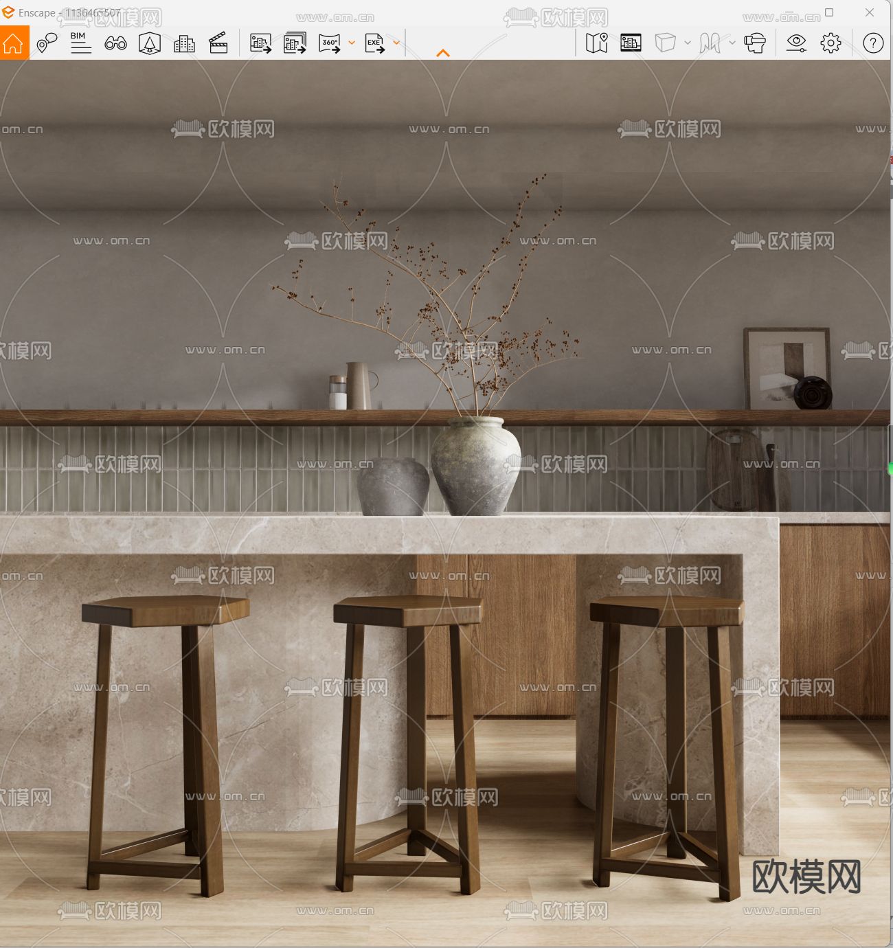 侘寂风吧台 吧凳su模型下载（渲染图2）