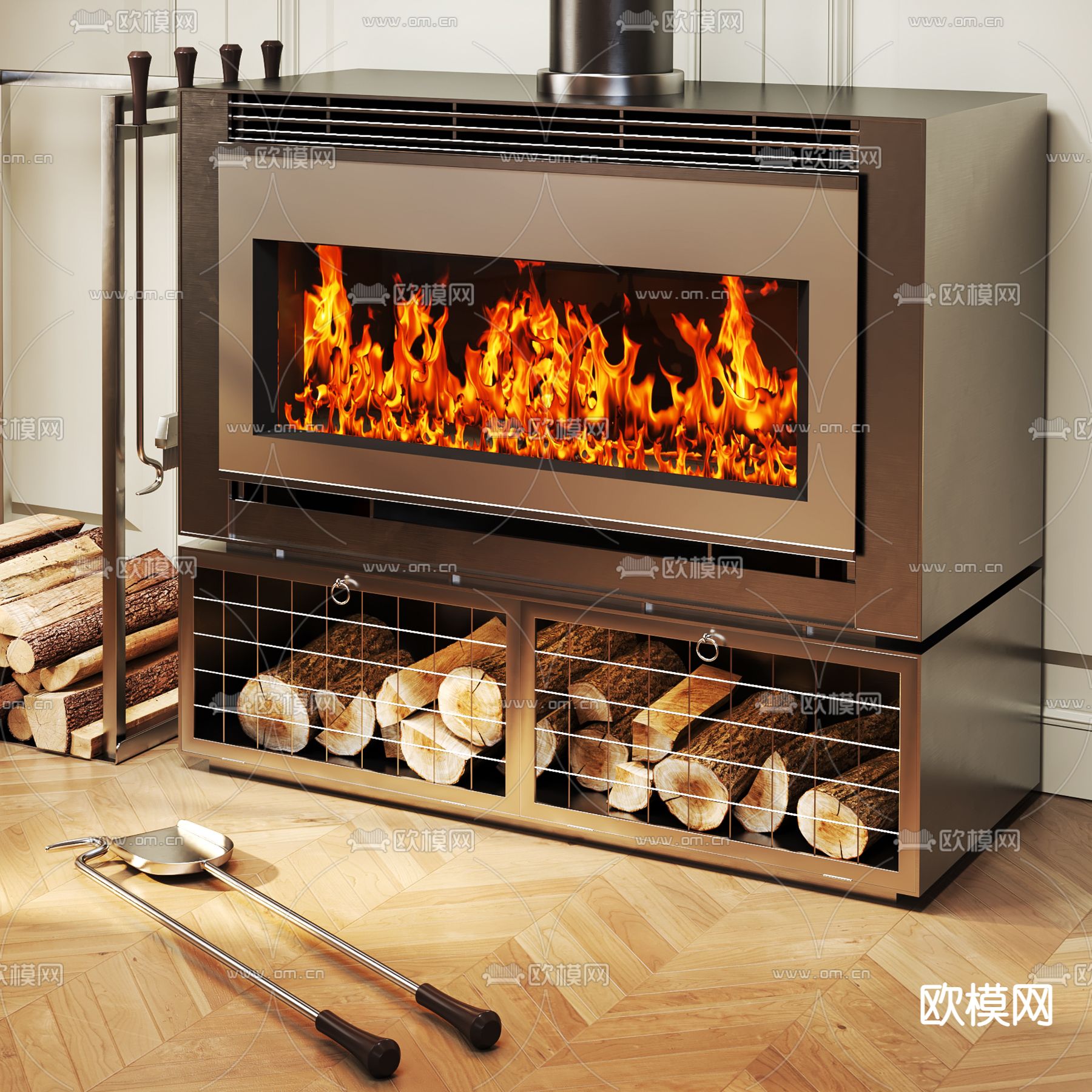 壁炉 柴火 火焰3d模型下载（渲染图2）
