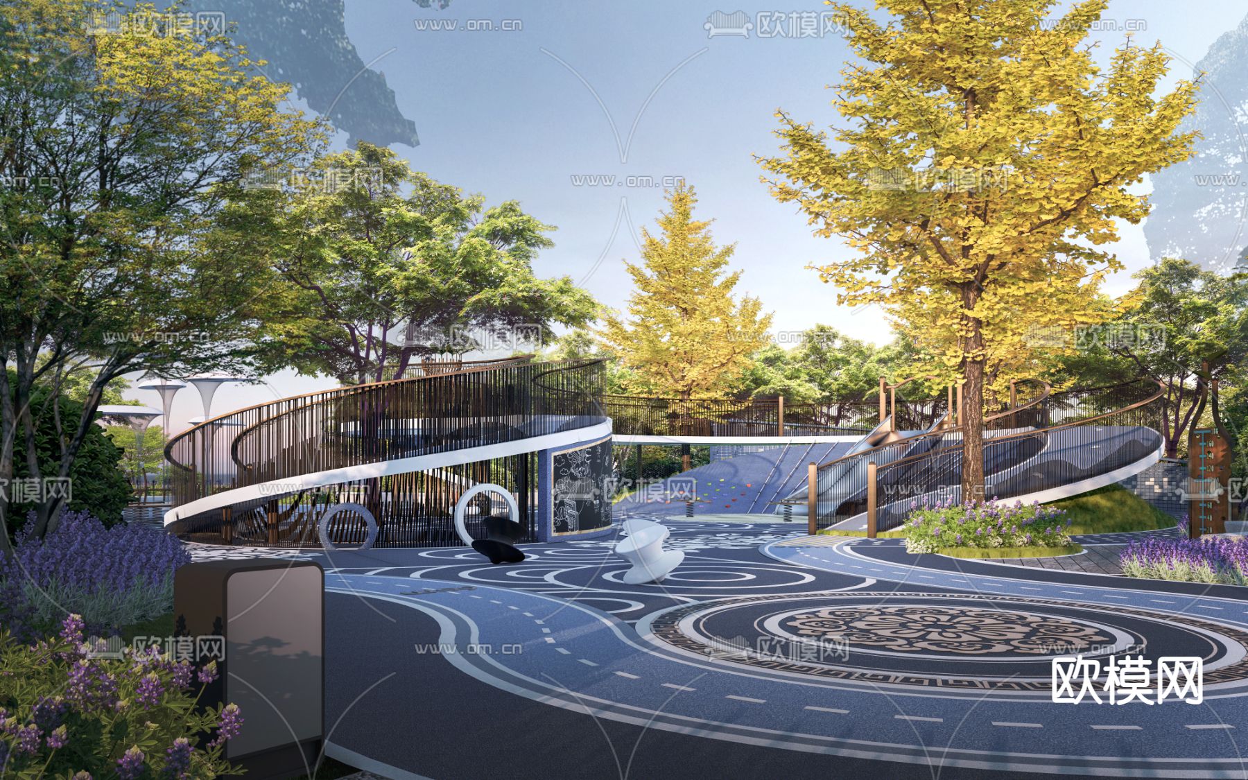 儿童公园 运动场地 登高地 游乐场su模型下载（渲染图1）