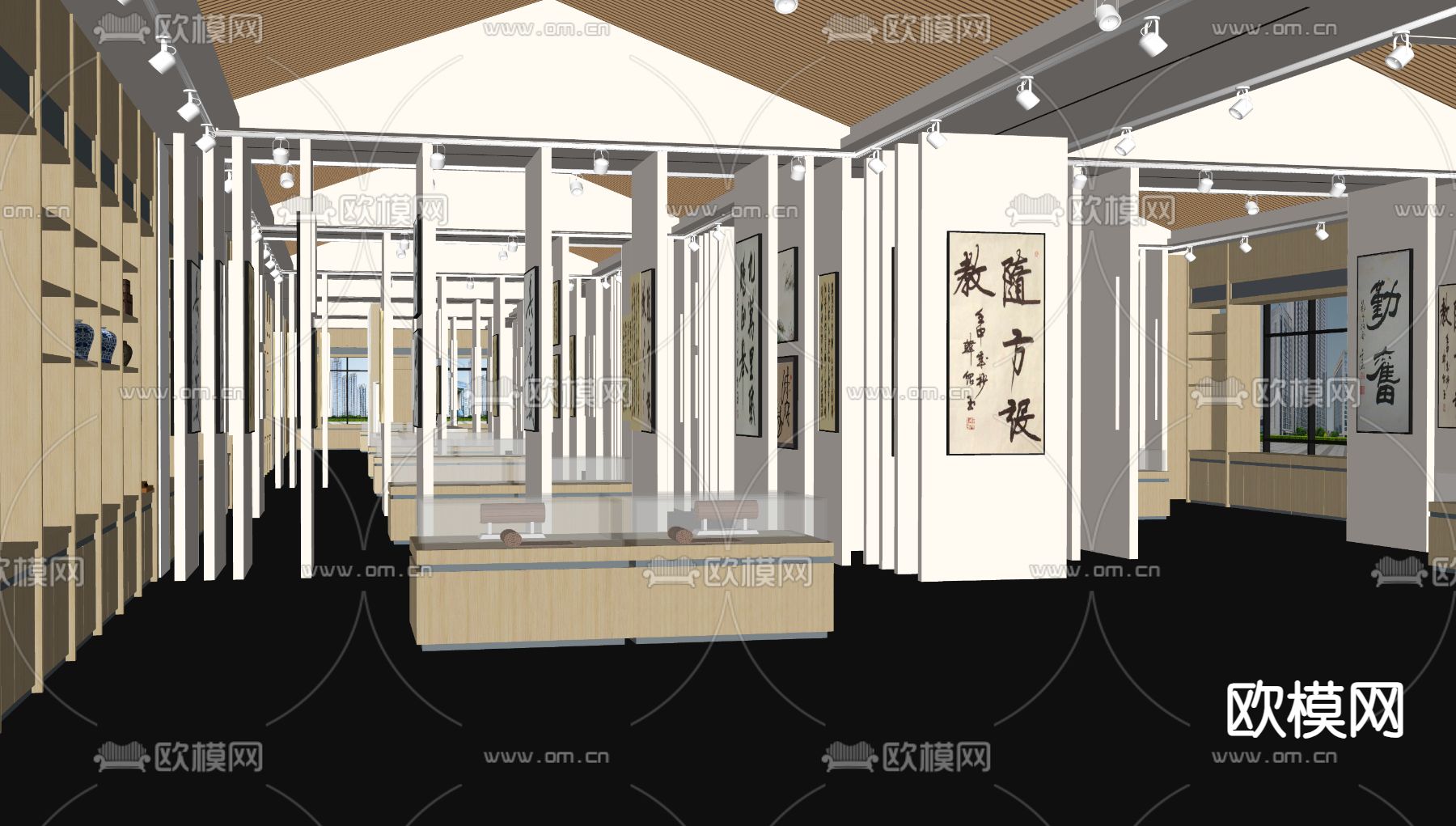 现代书法展厅 文化展厅su模型下载（渲染图1）