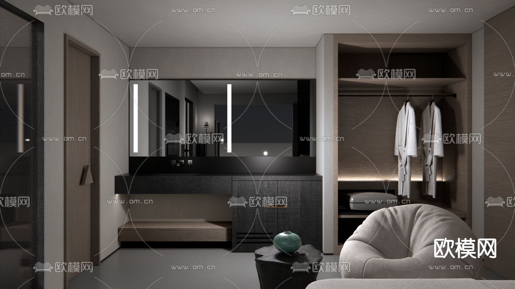 民宿卧室 双人客房su模型下载（渲染图2）