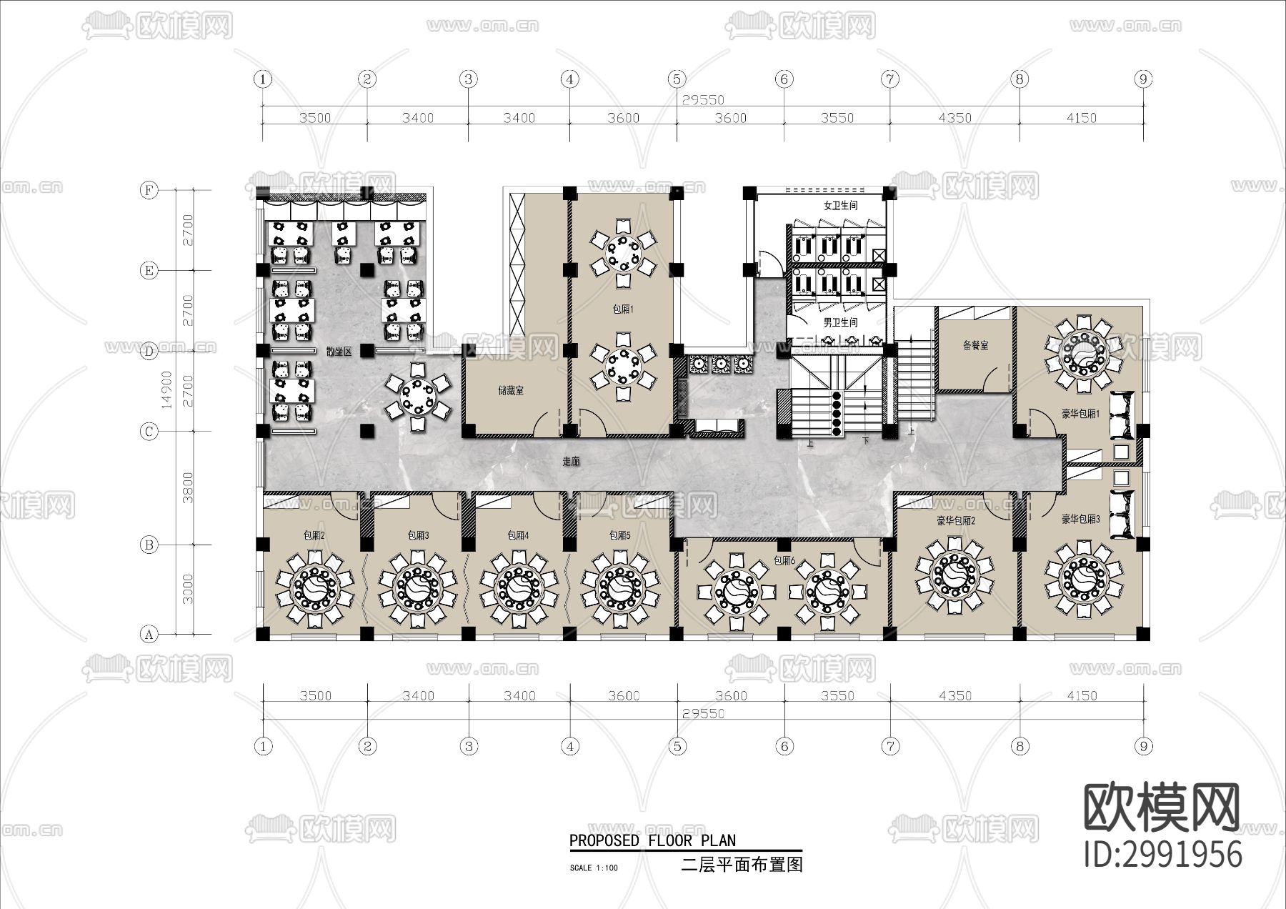 两层中式餐厅cad平面图下载（渲染图2）