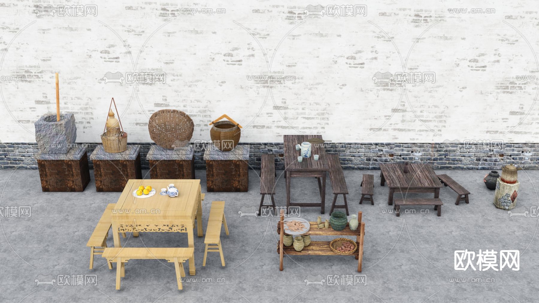 中式实木凳子 长条椅 木板凳 坐凳 条凳su模型下载（渲染图1）