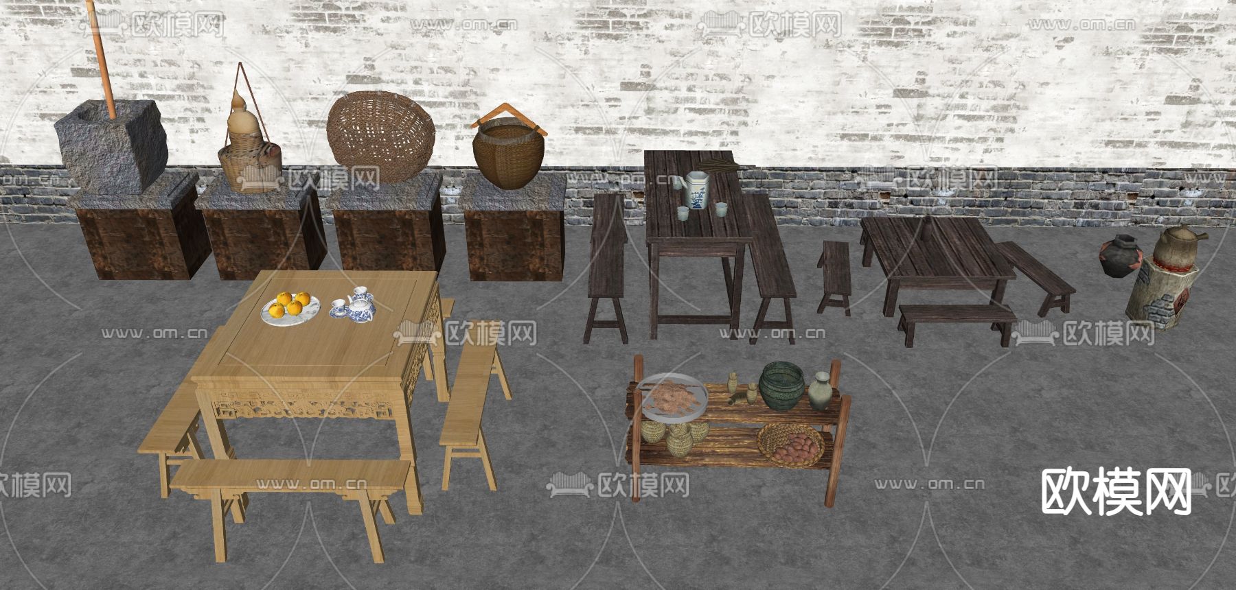 中式实木凳子 长条椅 木板凳 坐凳 条凳su模型下载（渲染图2）