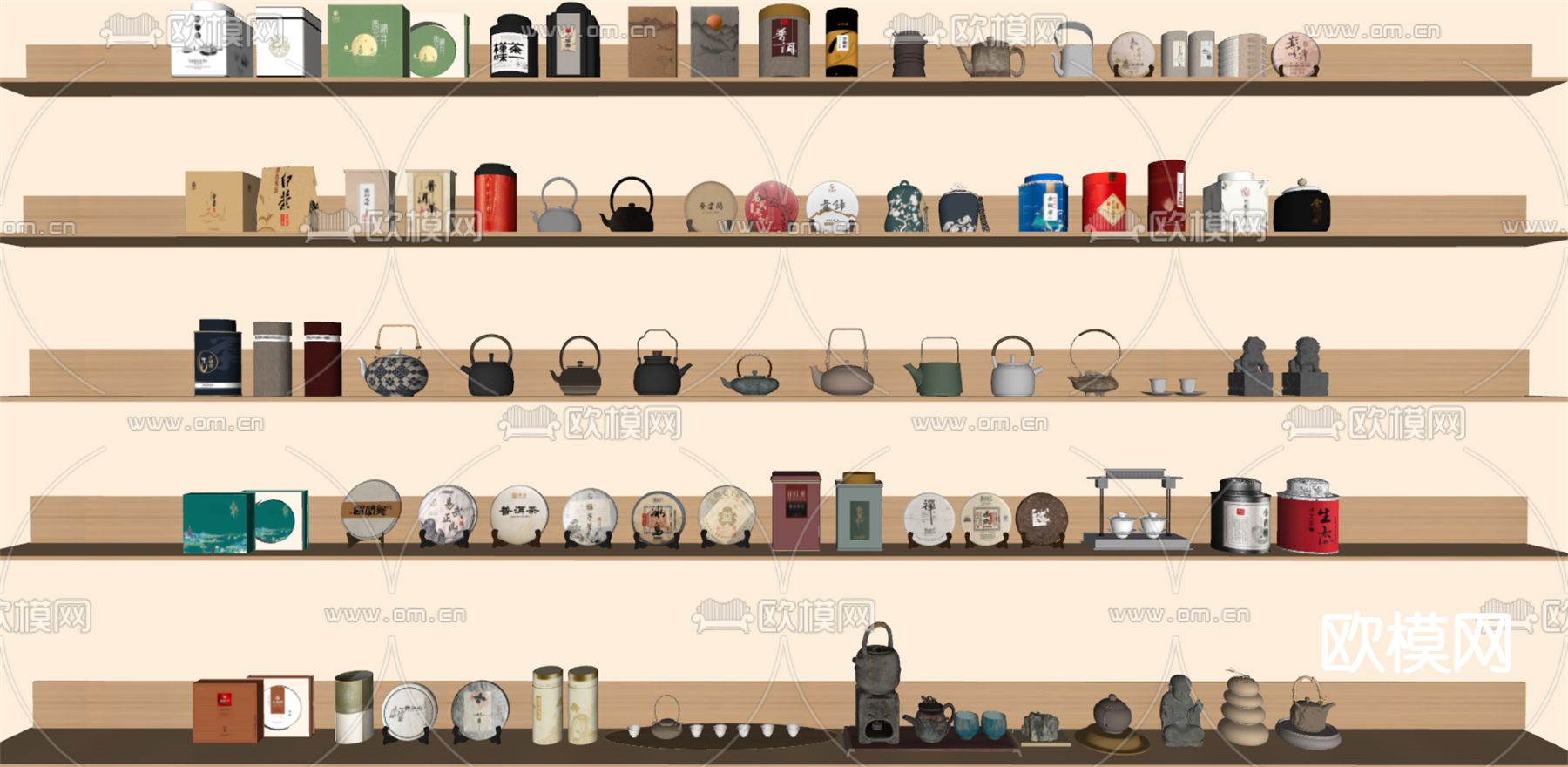 新中式茶具 茶壶 茶叶 茶饼 茶杯su模型下载（渲染图2）