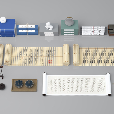  中式竹简 文房四宝 字画su模型 