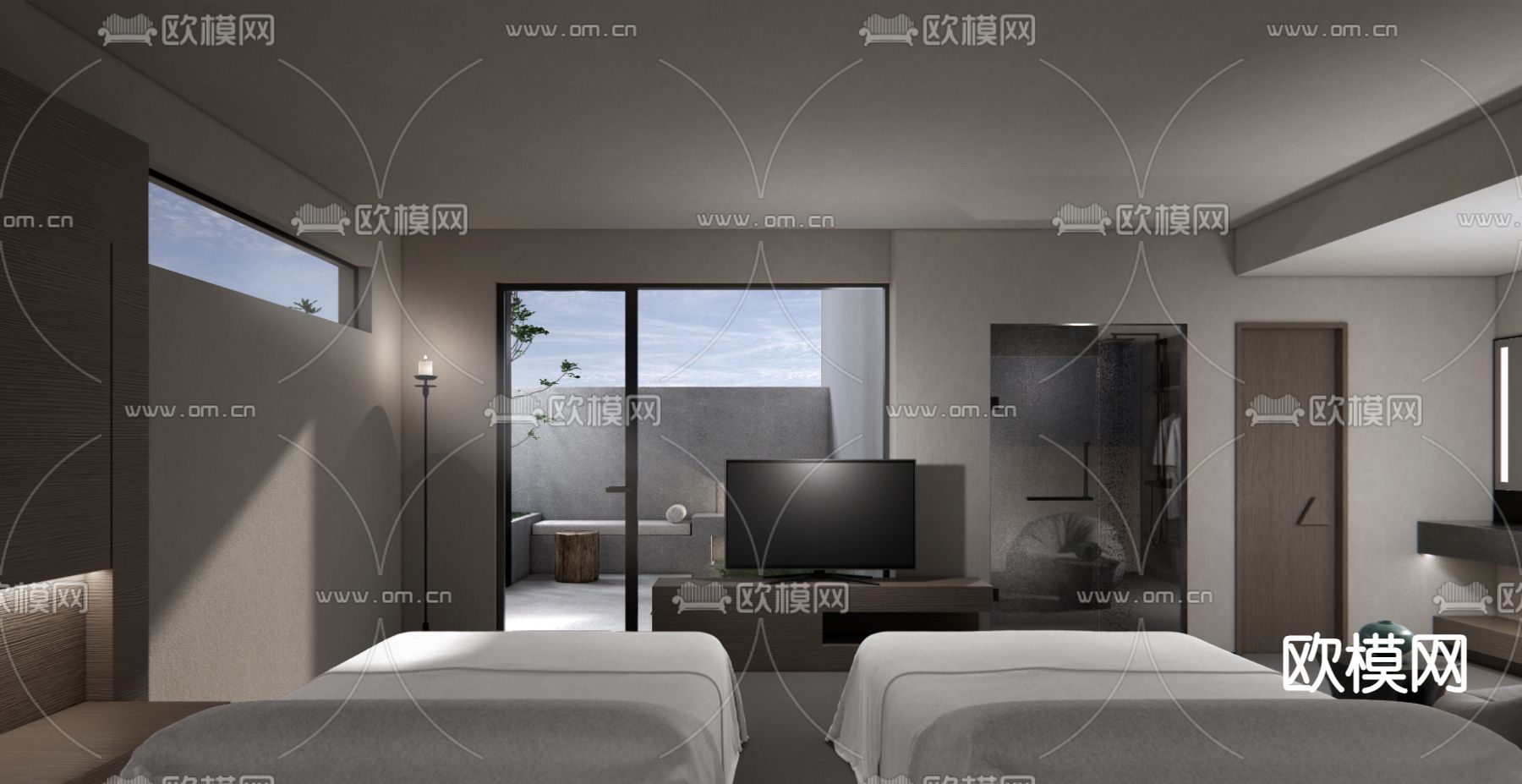 民宿卧室 双人客房su模型下载（渲染图3）