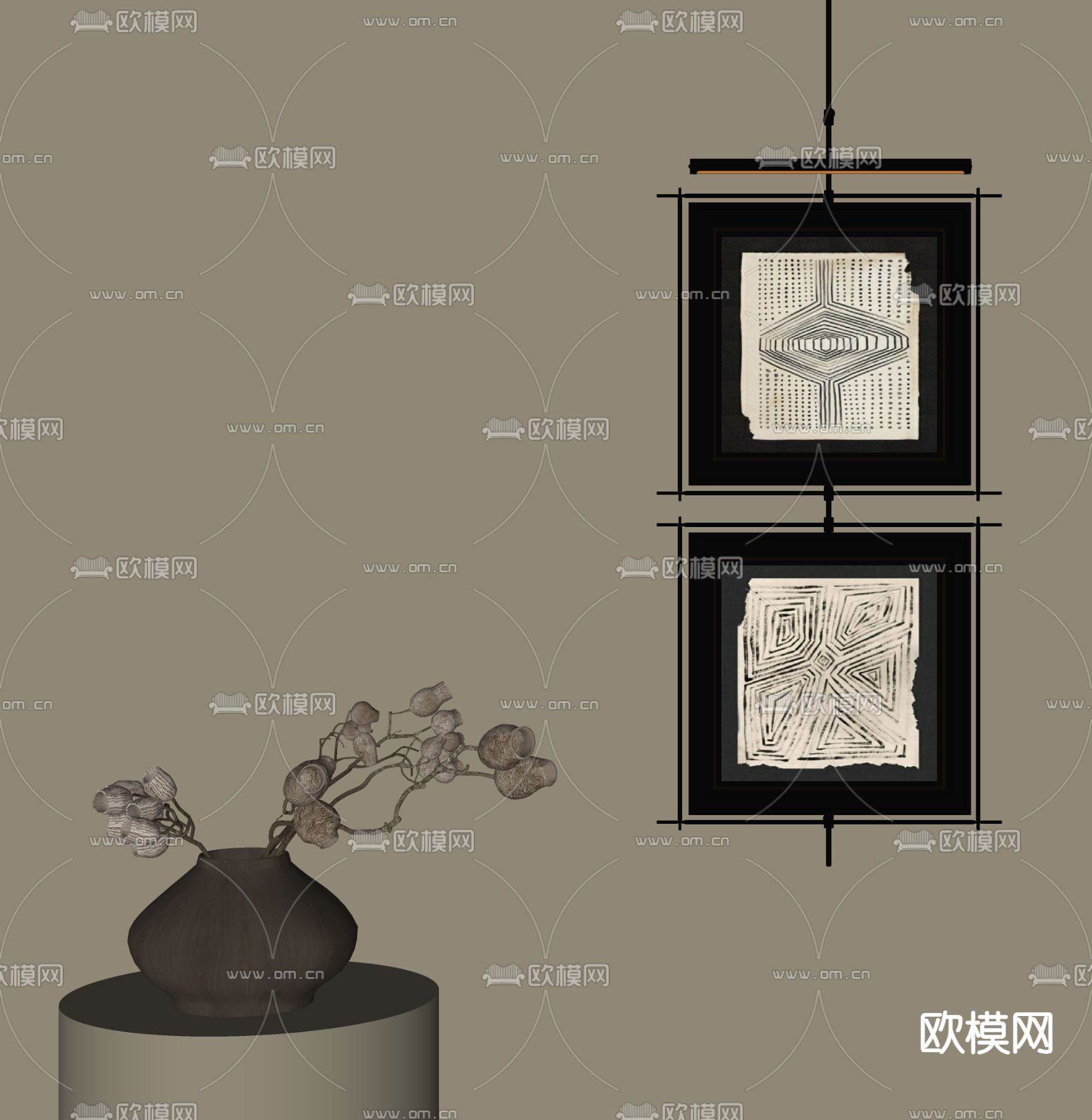 中古风装饰画 组合画 花瓶花艺su模型