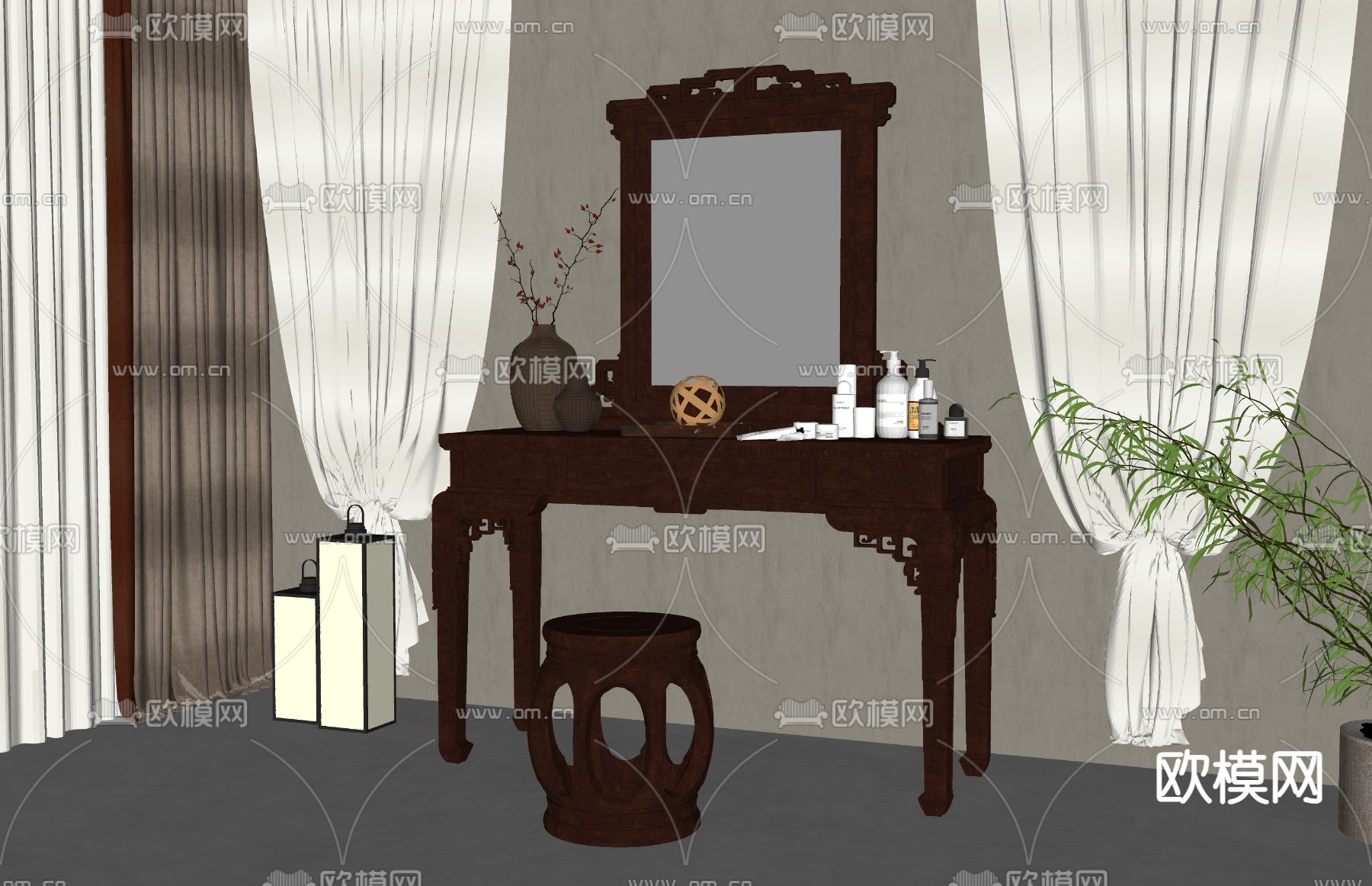 新中式梳妆台su模型下载（渲染图1）