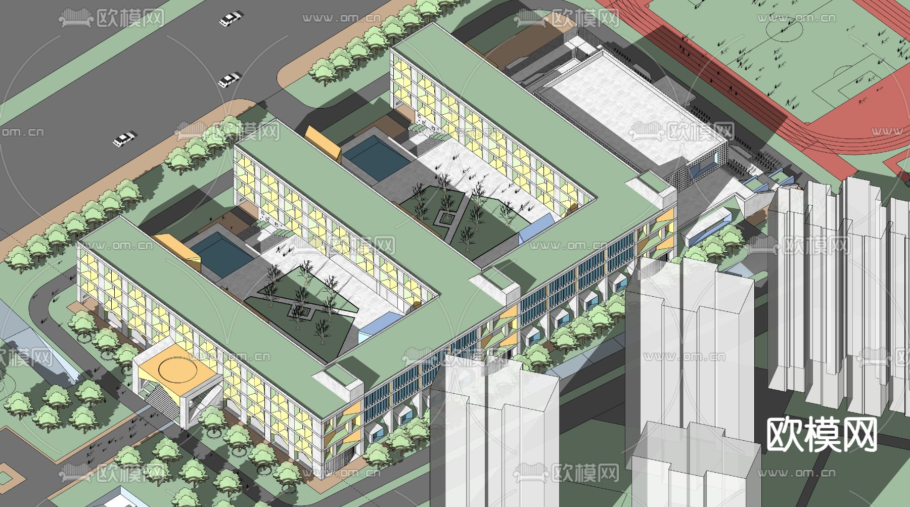 学校鸟瞰su模型下载（渲染图3）