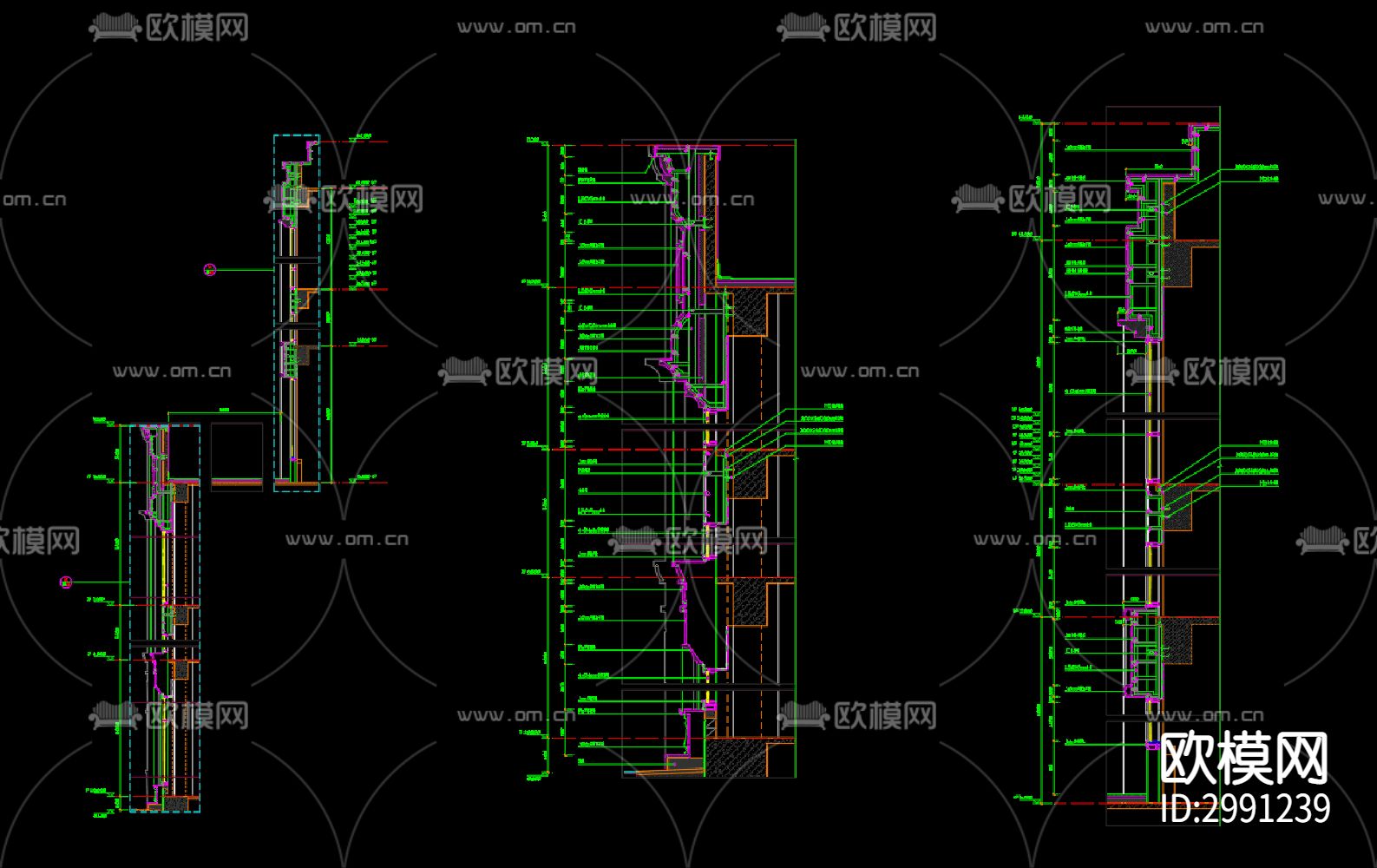 楼体外挂石材剖面图cad大样图下载（渲染图2）