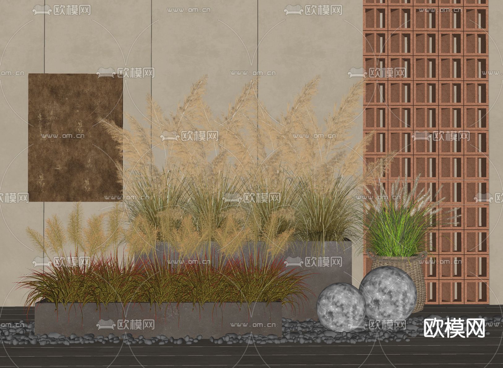 芦苇花箱 麦穗 狼尾草su模型下载（渲染图1）