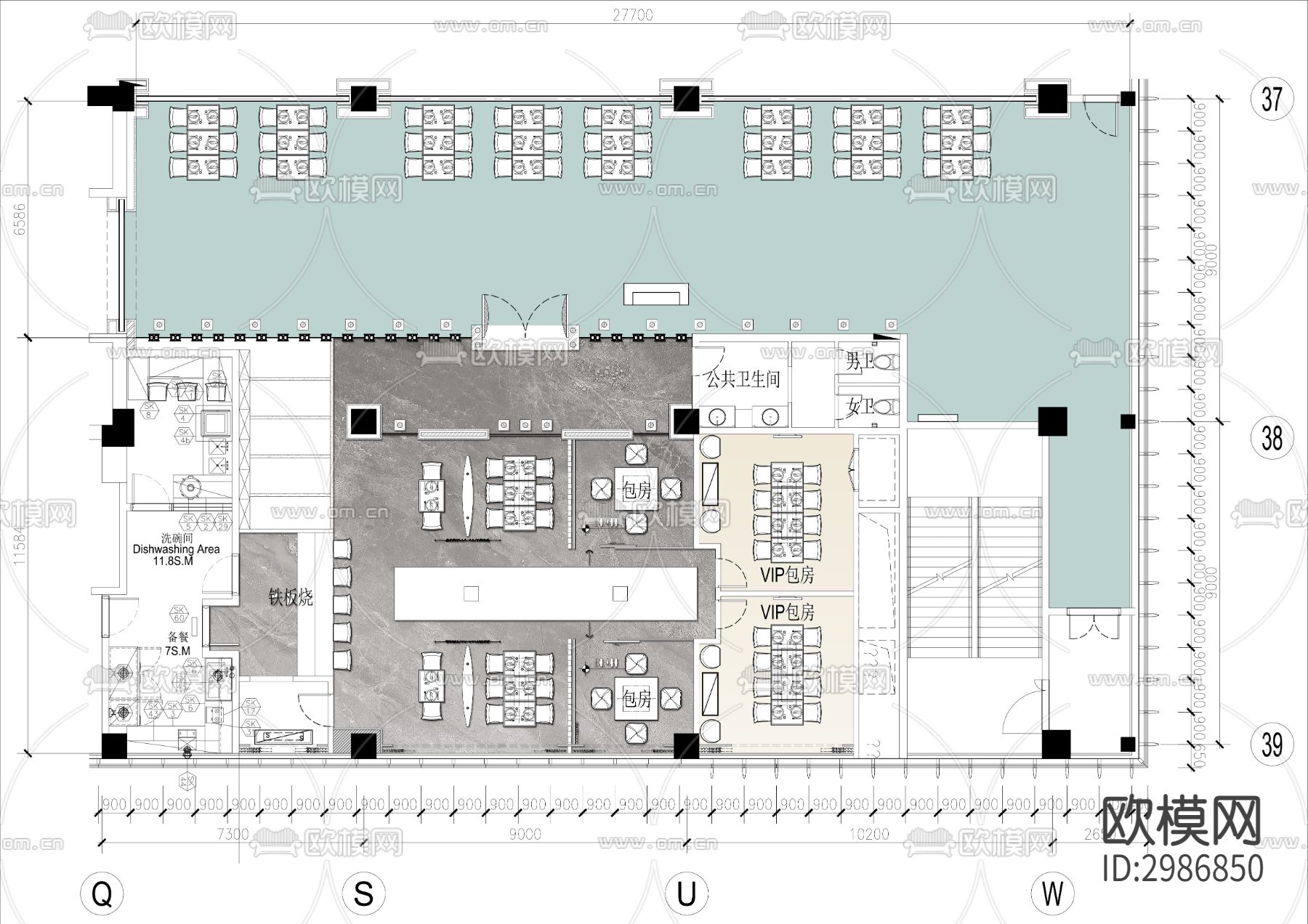 400㎡烧烤餐厅cad平面图下载