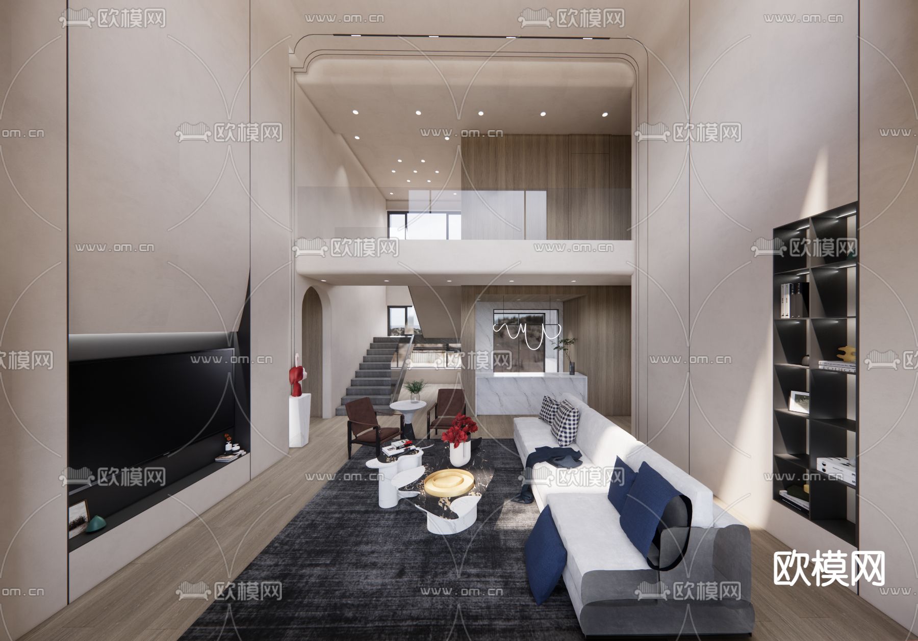 现代别墅 客餐厅su模型下载（渲染图2）