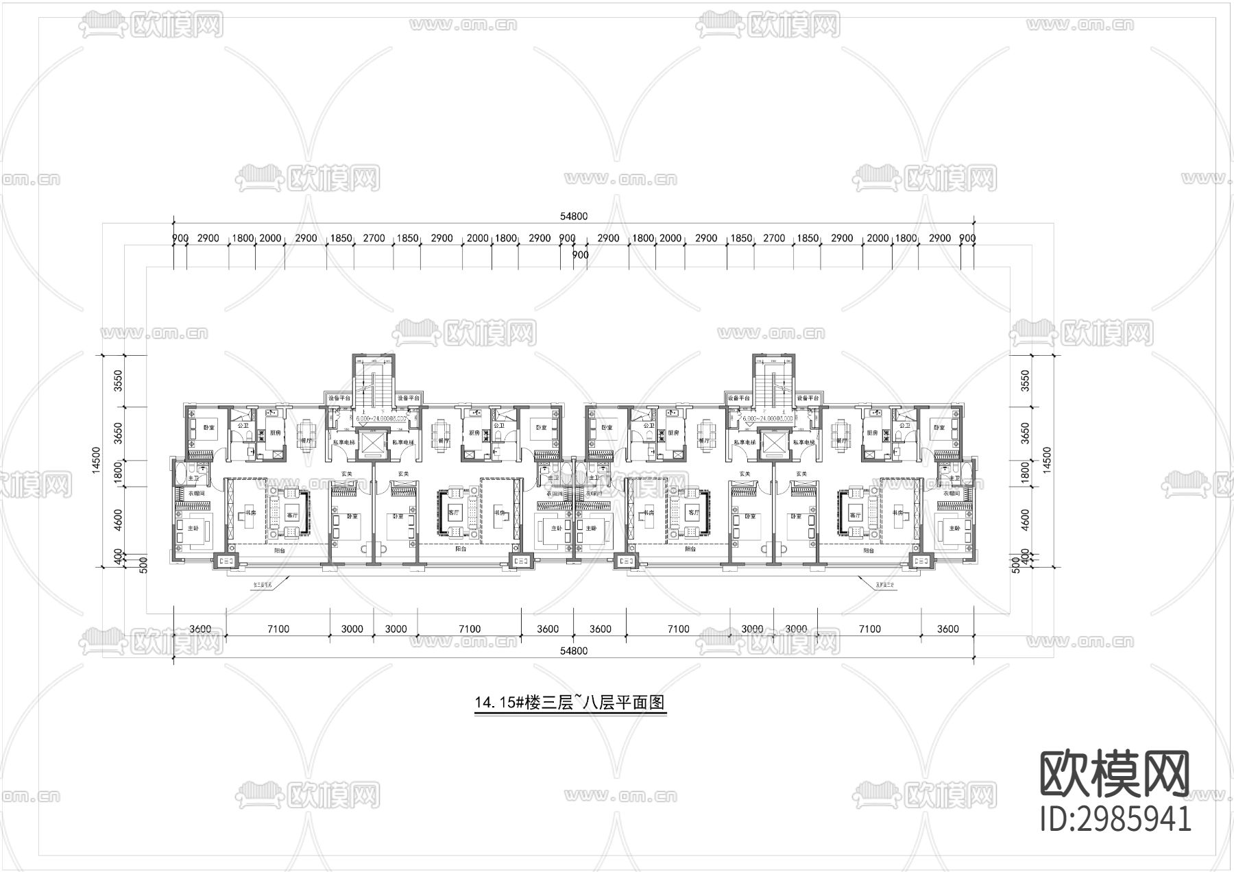 153平洋房户型cad平面图下载（渲染图2）