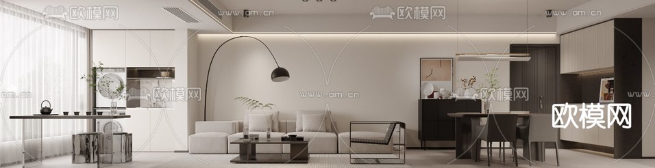 现代客厅 餐厅3d模型下载(渲染图1)