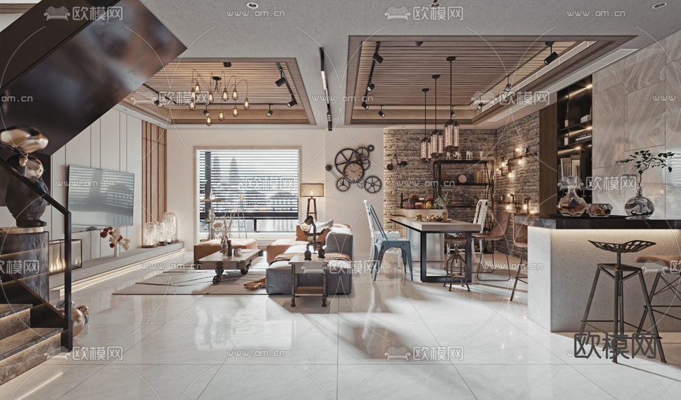 工业风客厅 餐厅3d模型下载(渲染图3)