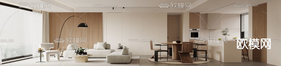 现代客厅 餐厅3d模型下载(渲染图1)