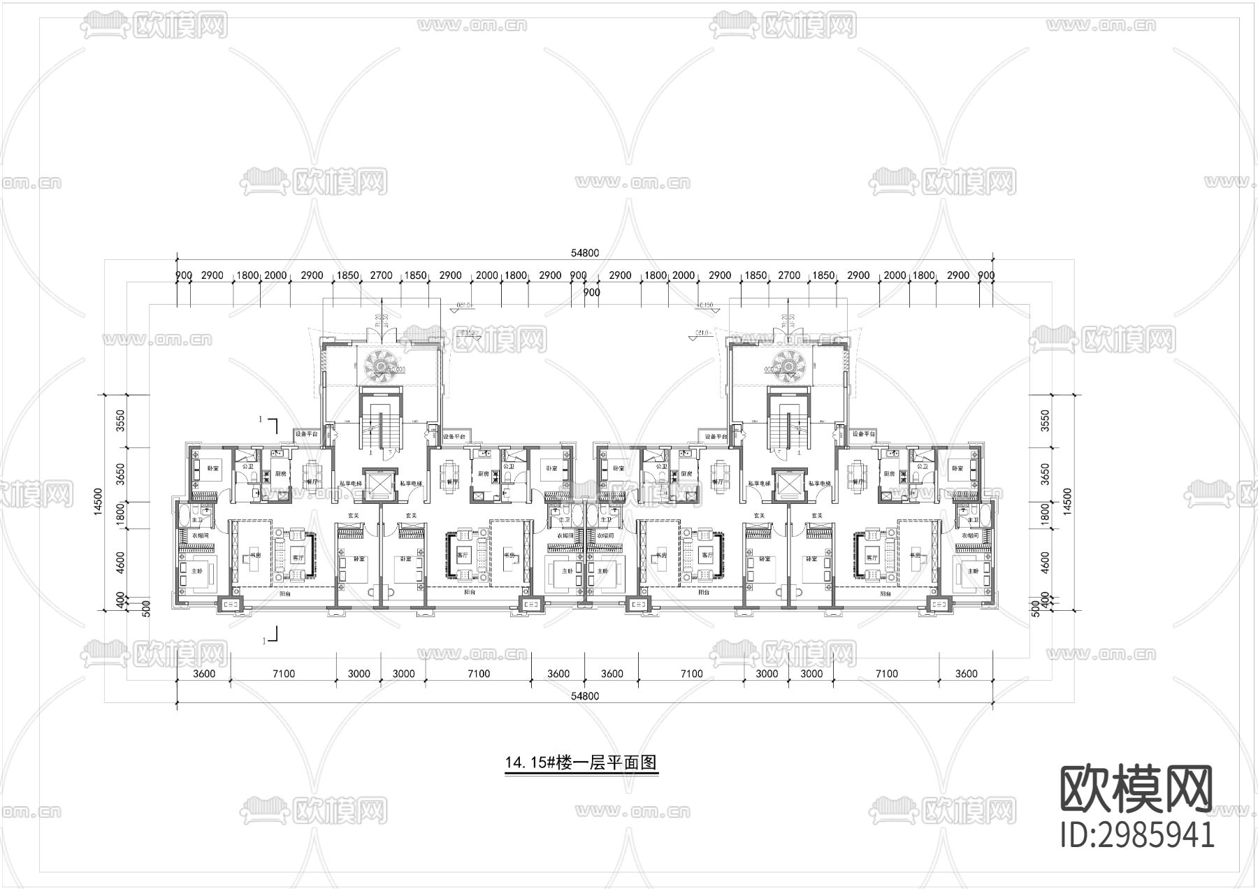 153平洋房户型cad平面图下载（渲染图1）