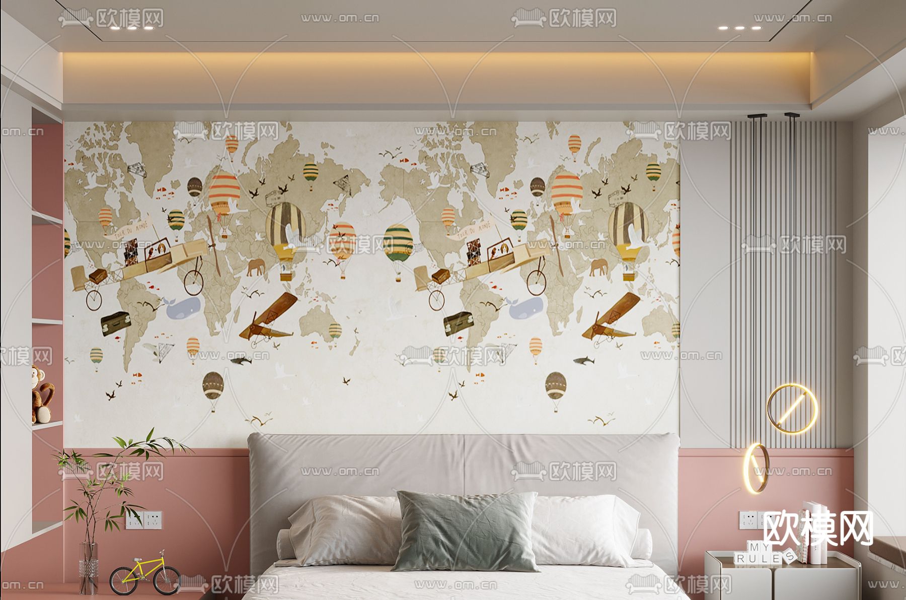 儿童床头背景墙su模型下载（渲染图2）