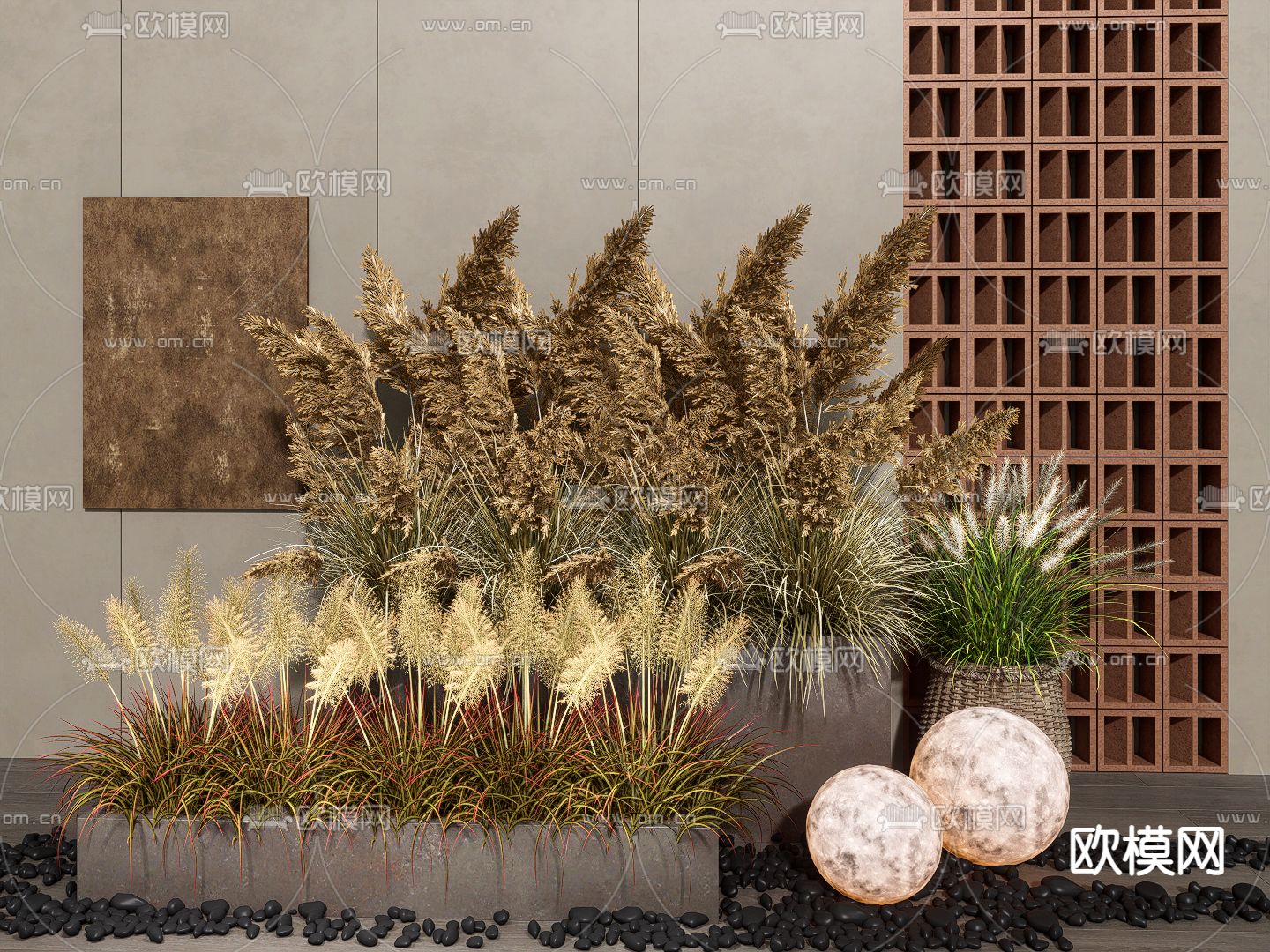 芦苇花箱 麦穗 狼尾草su模型下载（渲染图2）