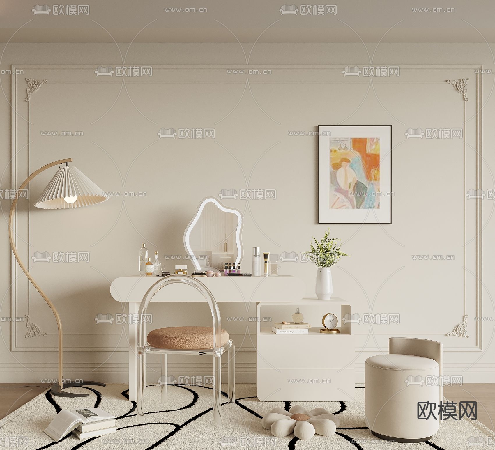 奶油风梳妆台 化妆桌3d模型下载