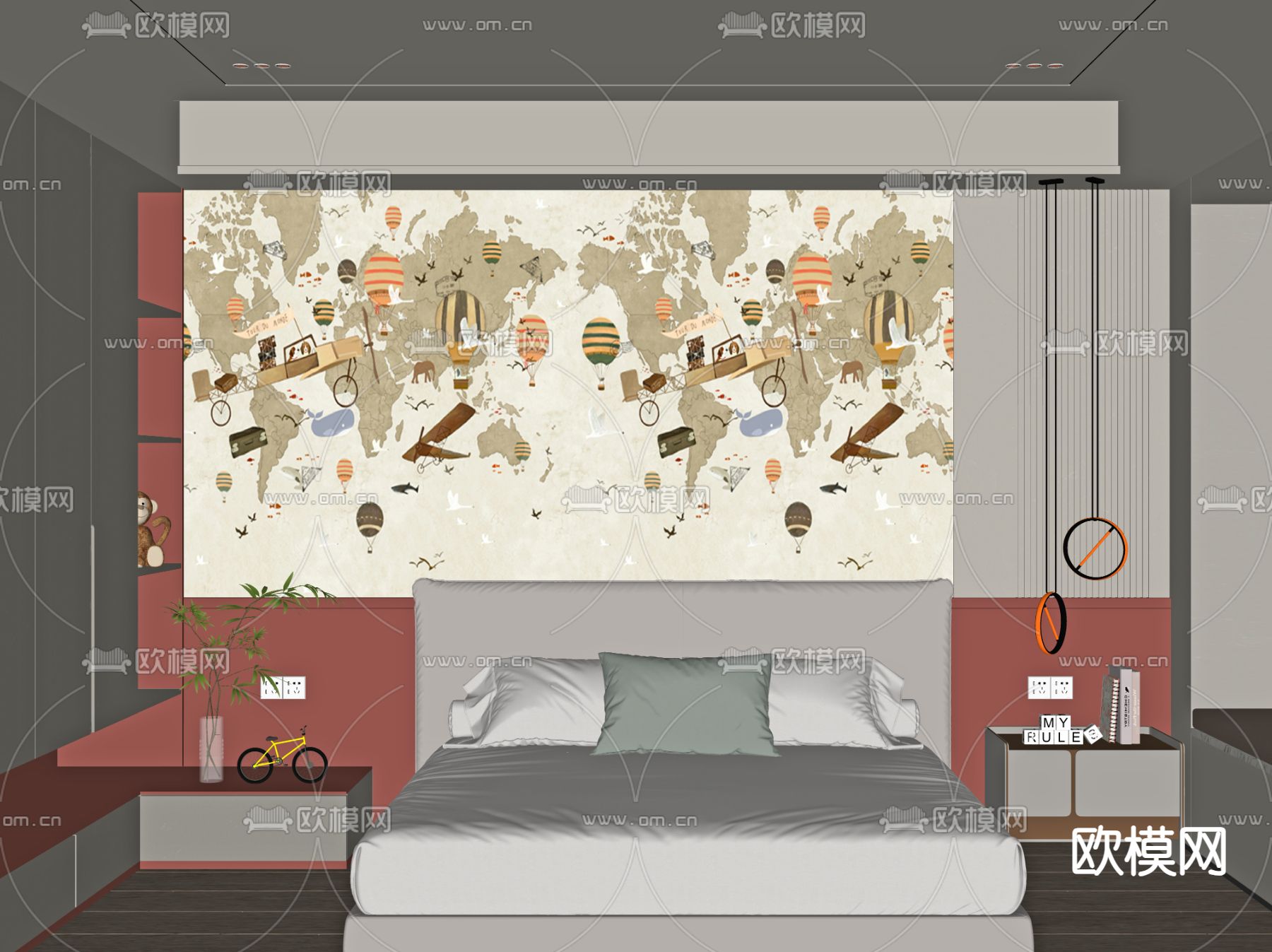 儿童床头背景墙su模型下载（渲染图1）