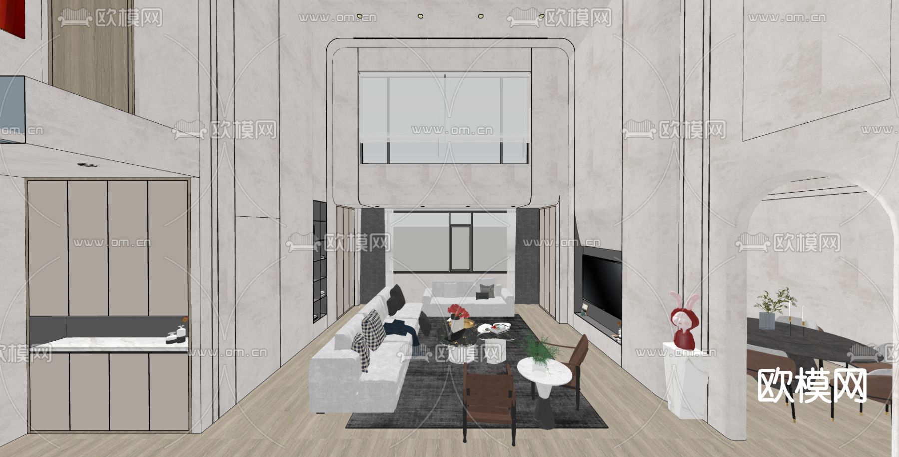 现代别墅 客餐厅su模型下载（渲染图1）