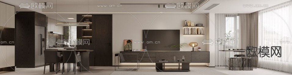 现代客厅 餐厅3d模型下载(渲染图2)